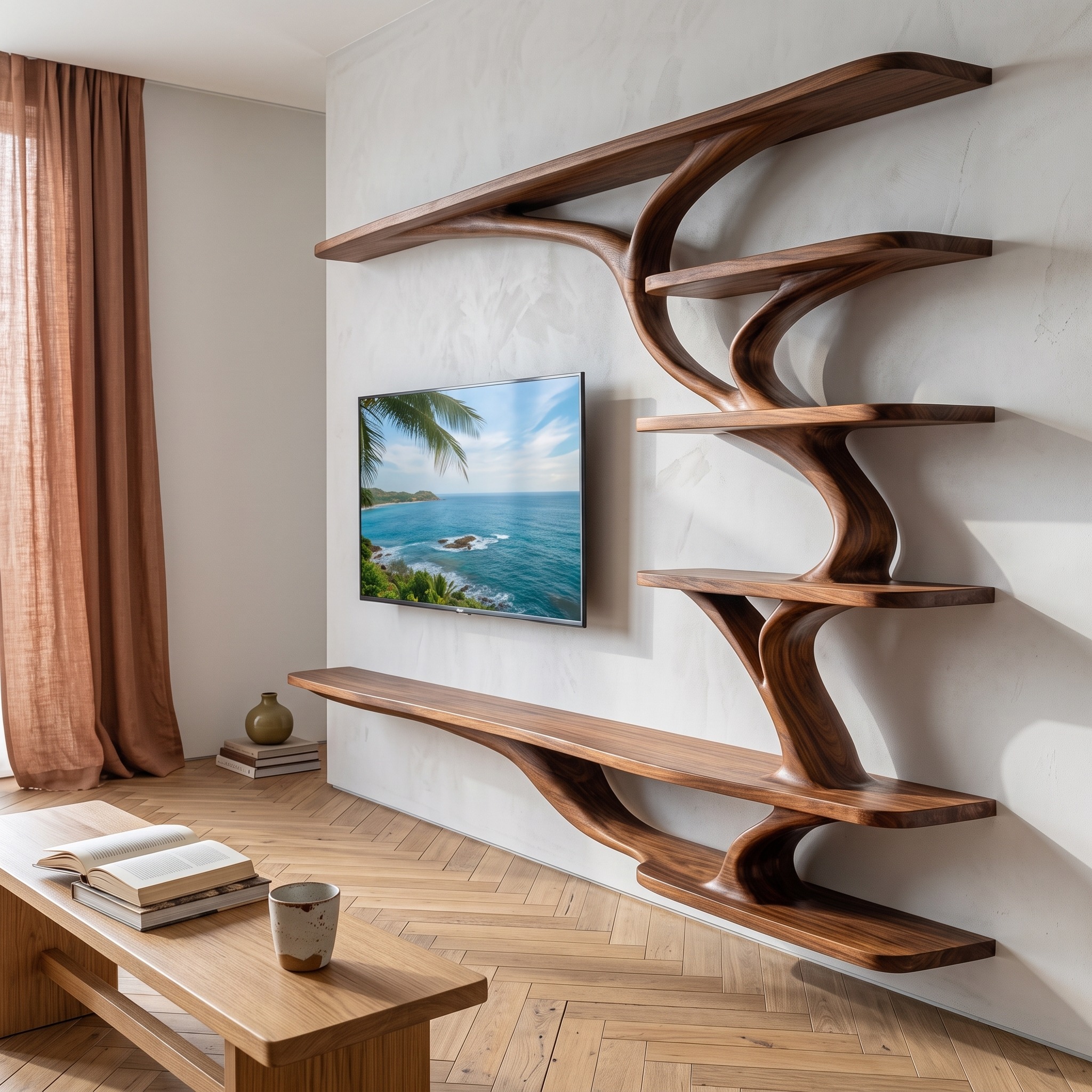 Modern Wood Wall Mounted TV Shelf, Floating Media Console Board Components Rack for Contemporary Home Style