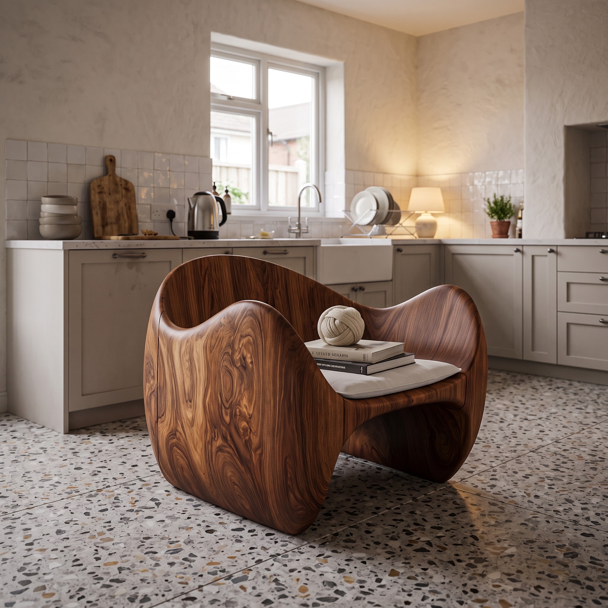 Modern Wooden Accent Chair with Sculptural Curved Frame for Living Room