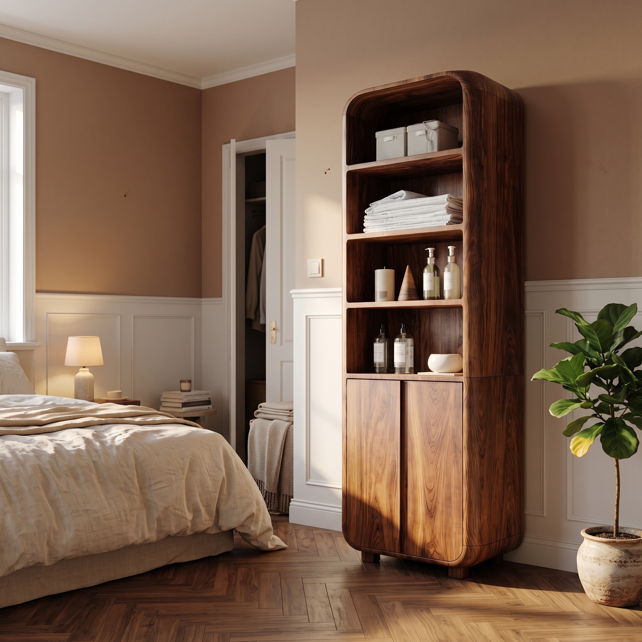 Modern Wooden Bathroom Cabinet with Rounded Edges, Spa-Style Free Standing Storage Closet, Model