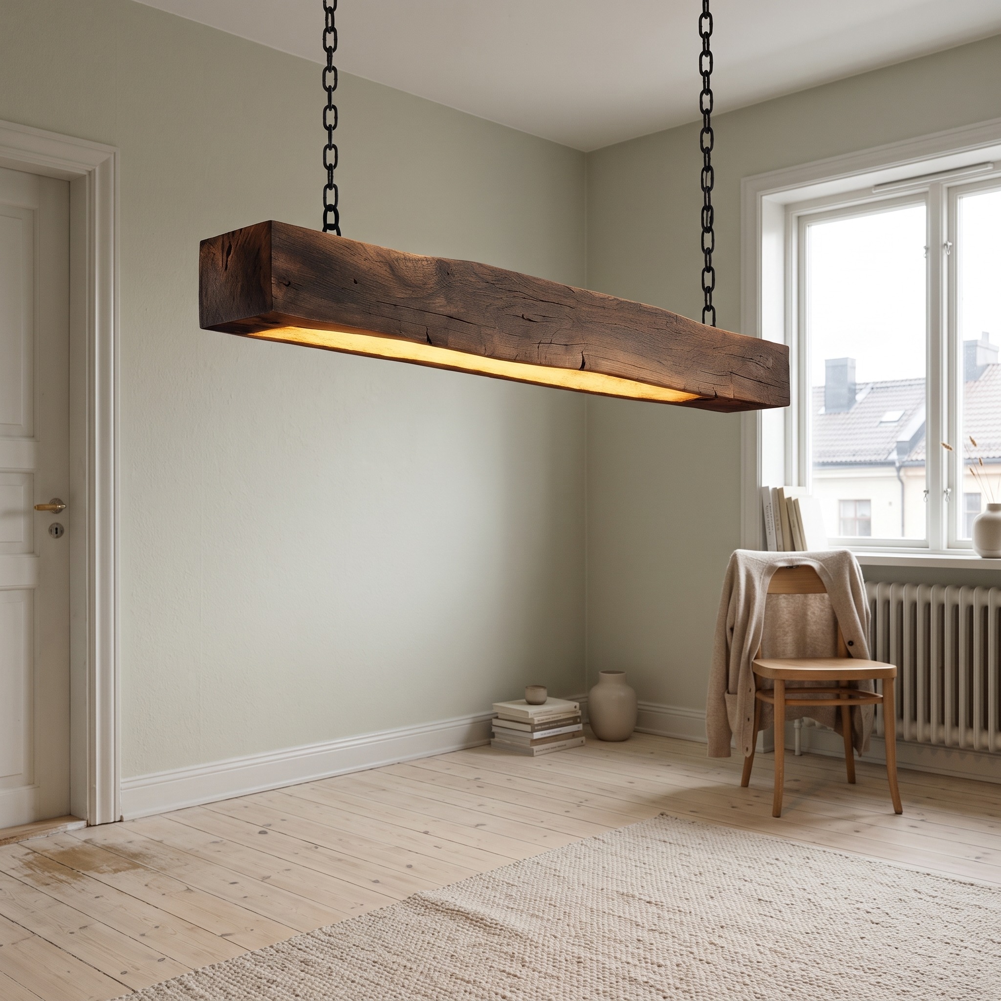 Modern Wooden Beam Pendant Light, Rustic Handcrafted Solid Wood Hanging Chandelier for Dining Room & Kitchen