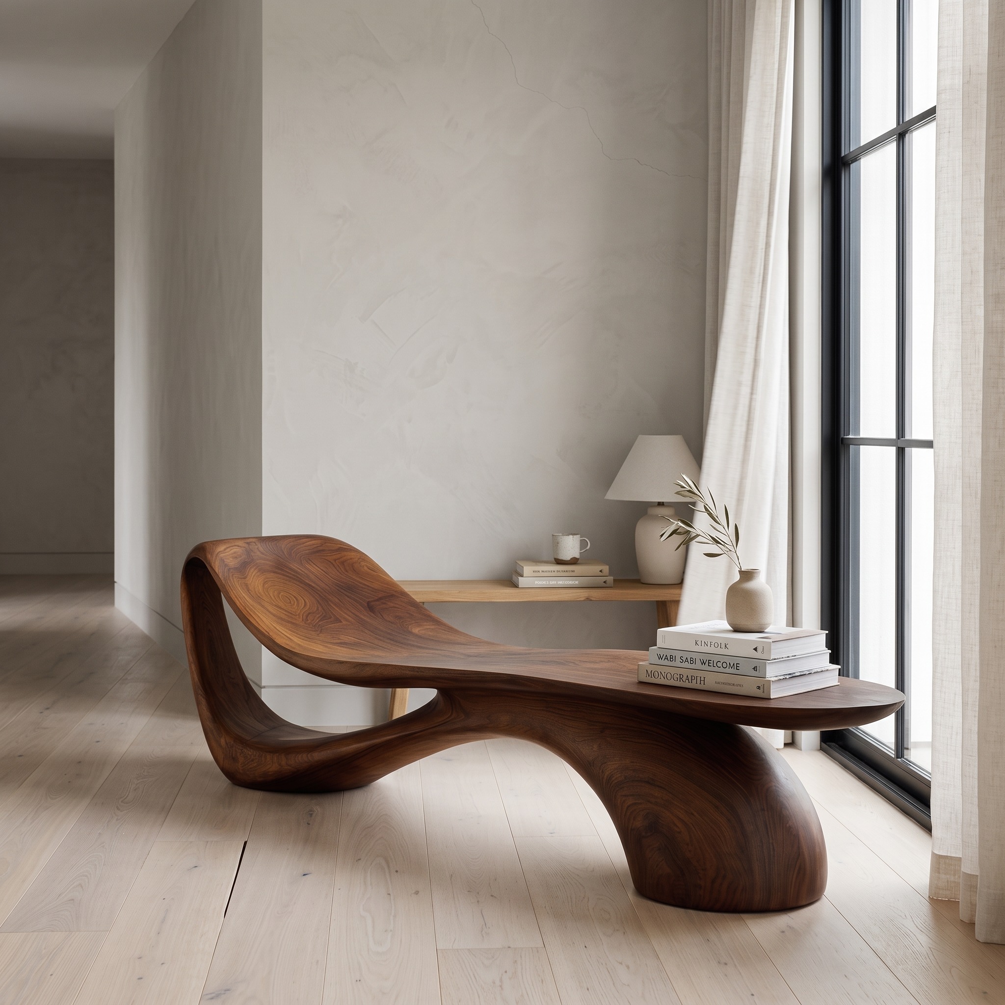 Modern Wooden Bench with Curved Sculptural for Living Decor