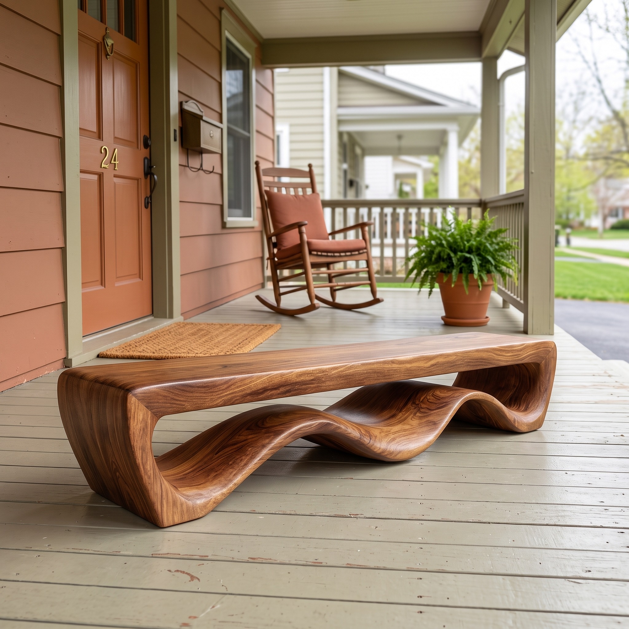 Modern Wooden Bench with Flowing Curved Base, Contemporary Hallway Entryway Seating, Living Room Accent Bench