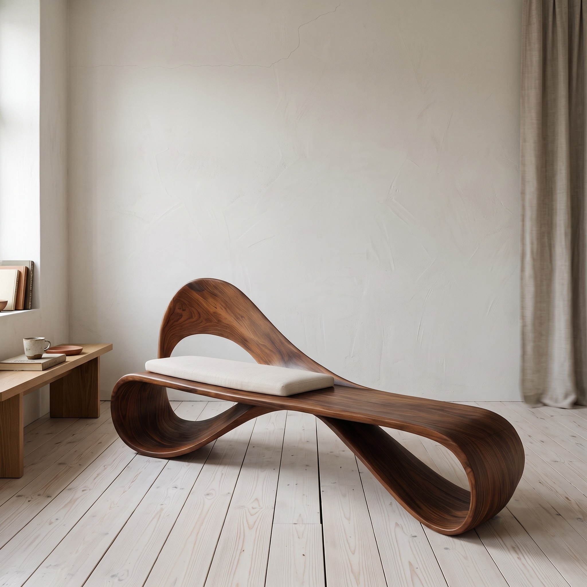 Modern Wooden Bench with Sculptural Curved Backrest for Reading Nook
