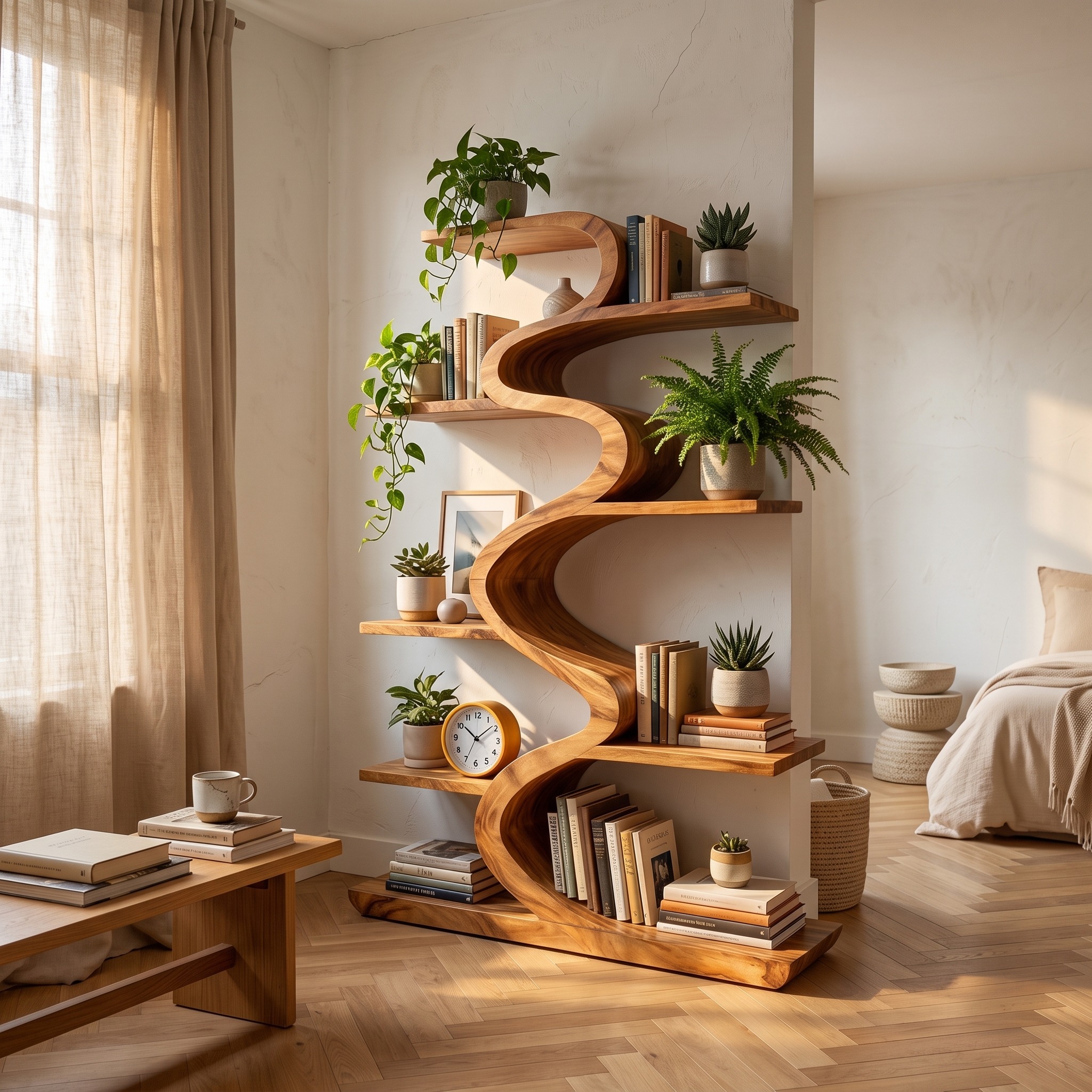 Modern Wooden Bookshelf with Flowing Form, Handcrafted Solid Wood Bookcase for Living Room & Home Library Display