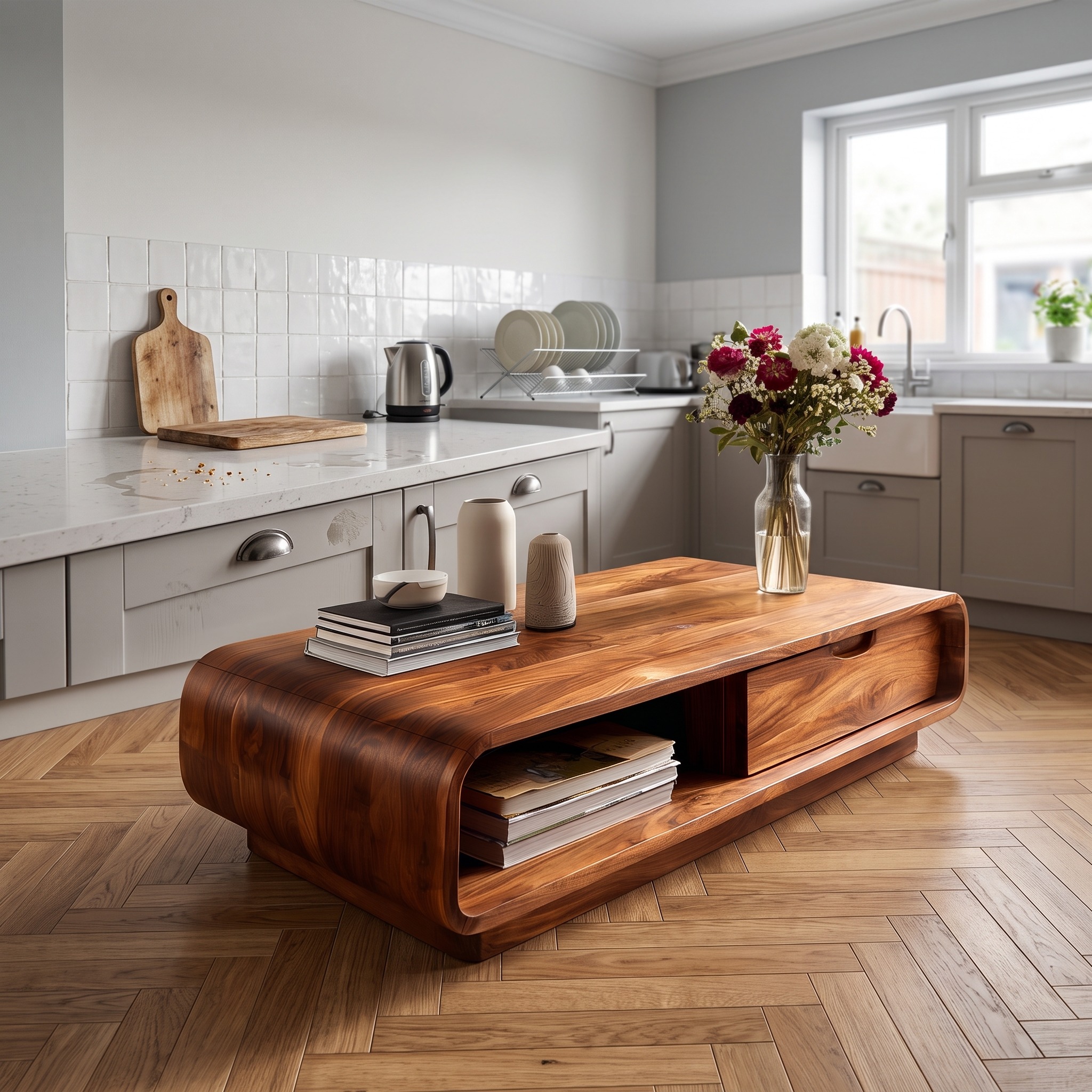 Modern Wooden Coffee Table with Drawer & Curved Silhouette, Minimalist Storage Center Table, Model
