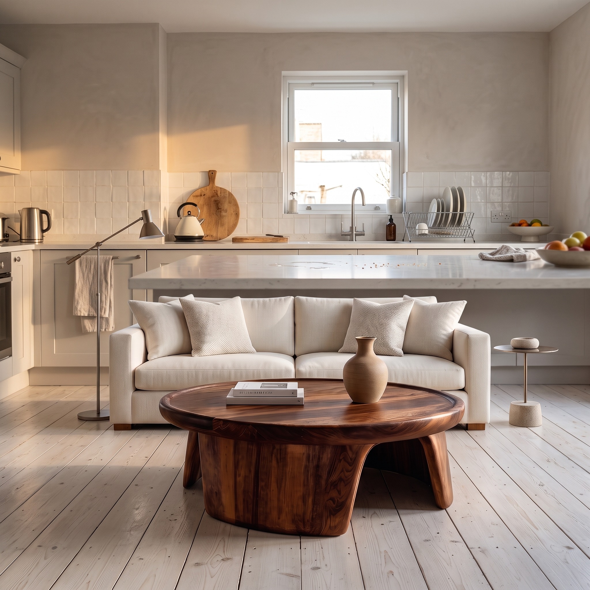 Modern Wooden Coffee Table with Triple Pedestal Base, Unique Round Wood Center Table for Living Room, Model