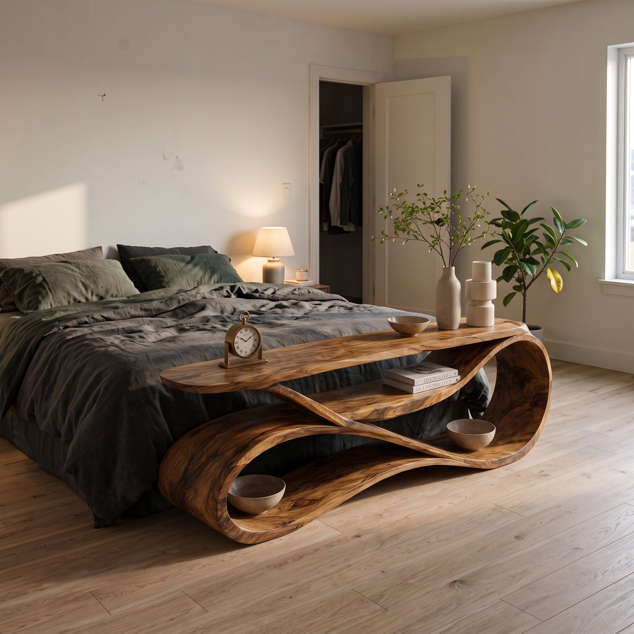 Modern Wooden Console Table Flowing Shelf Design for Living