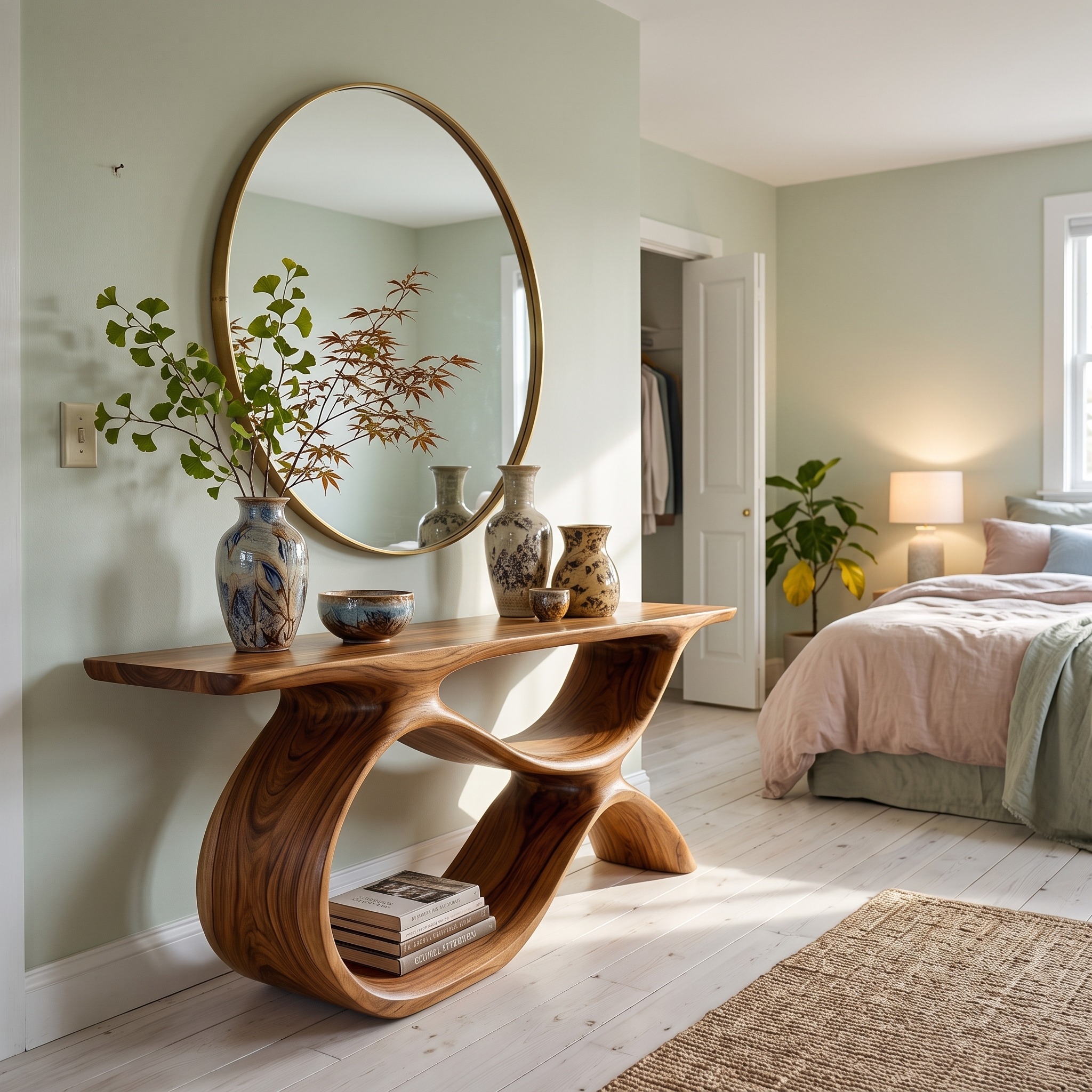 Modern Wooden Console Table with Curved Open Storage, Handcrafted Entryway Table for Hallway & Living Room, Model