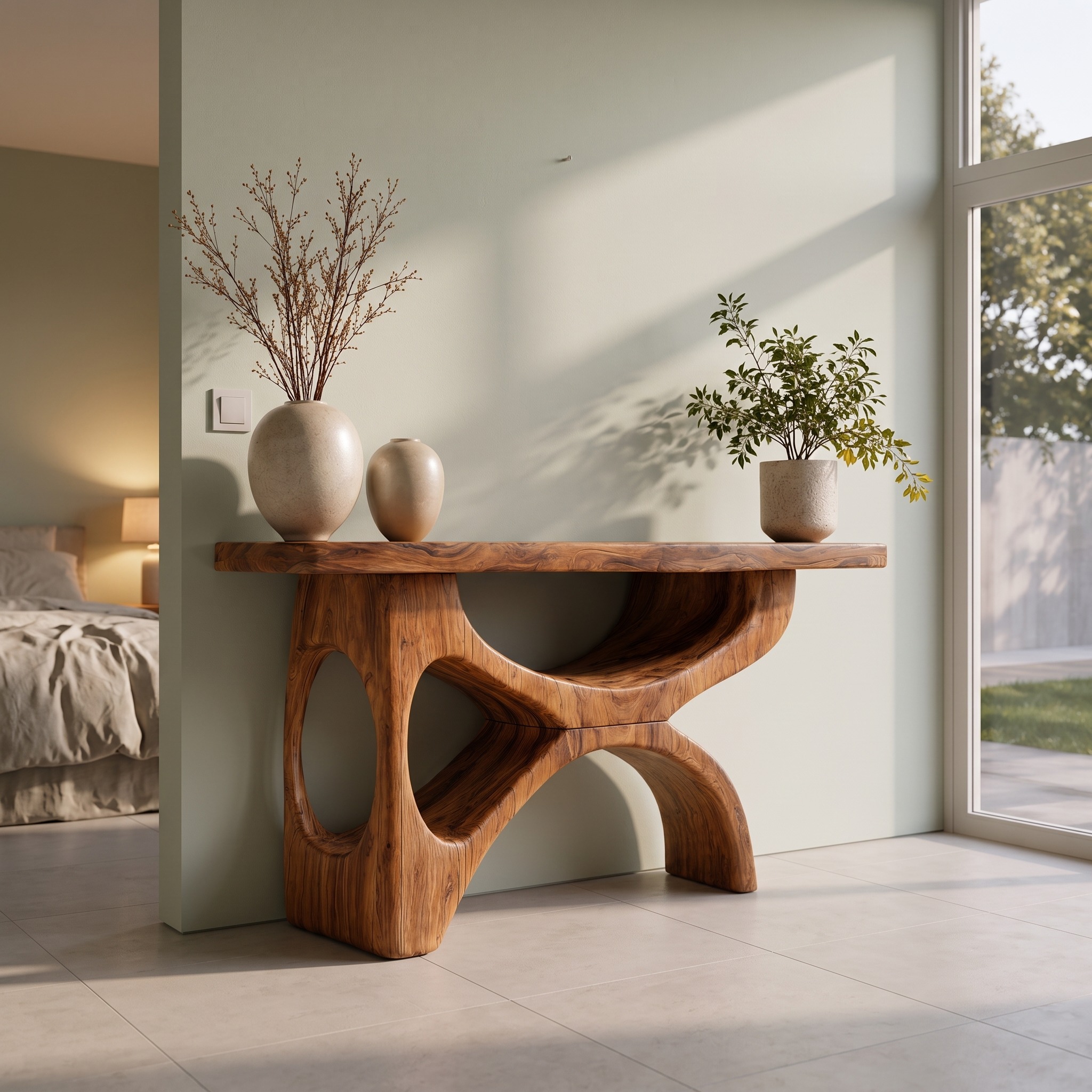 Modern Wooden Console Table with Sculptural Base for Living Decor
