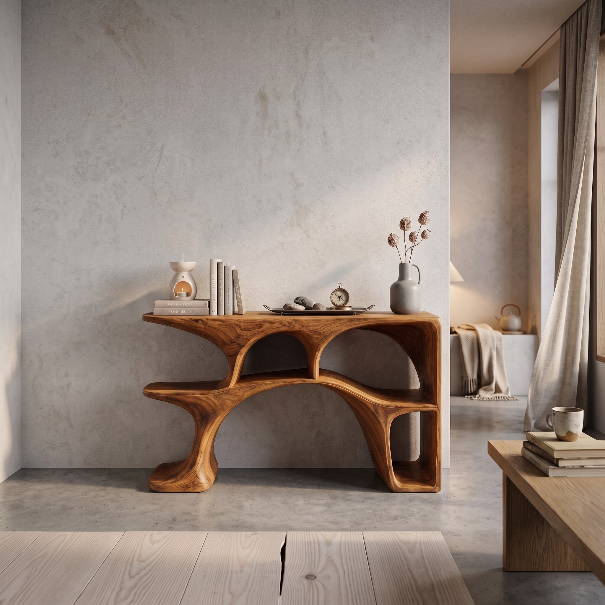 Modern Wooden Console Table with Sculptural Open Shelves for Living
