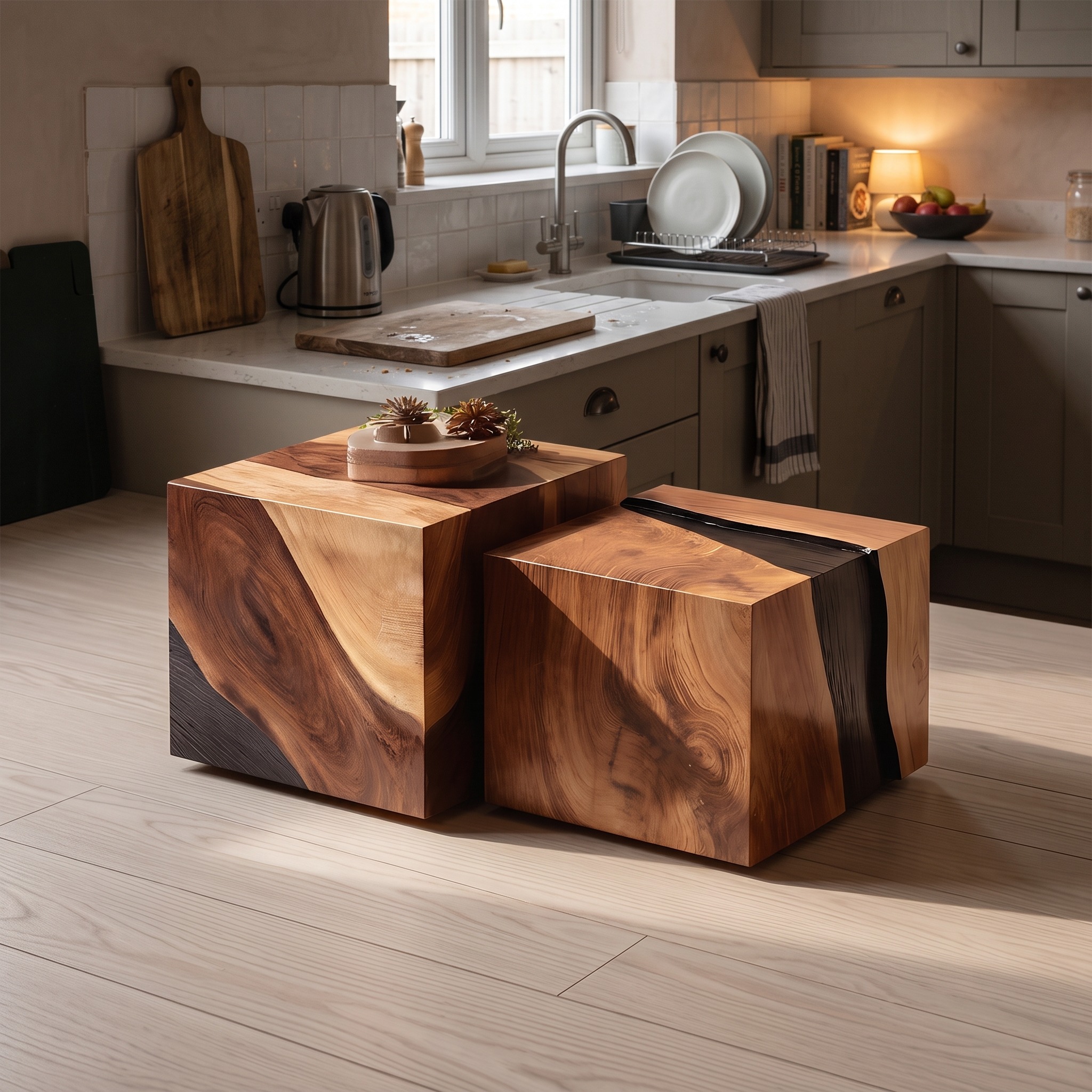 Modern Wooden Cube Coffee Table, Handcrafted Block End Side Table & Bedside Nightstand for Minimalist Home