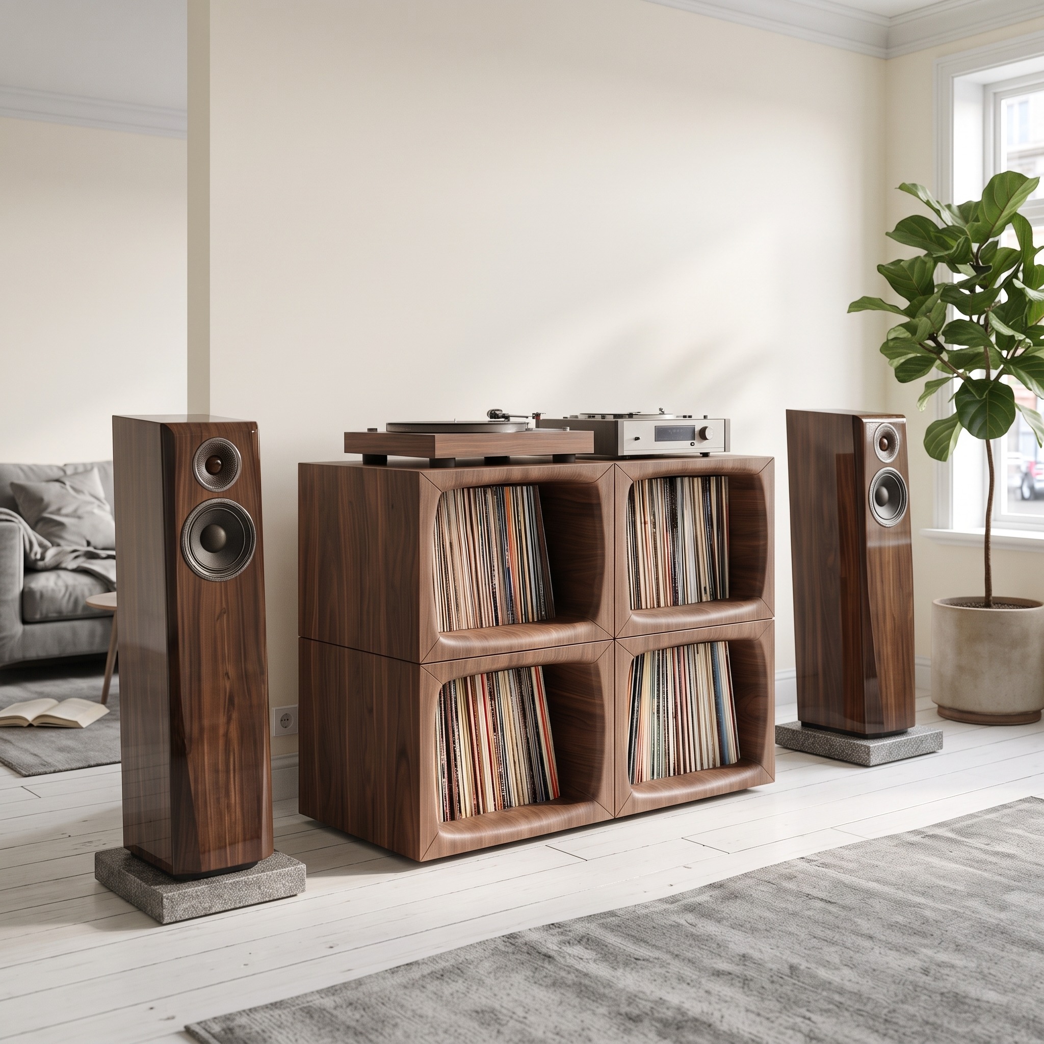 Modern Wooden Cube Record Storage Cabinet, Handcrafted Vinyl LP Storage Organizer with Turntable Stand, Model