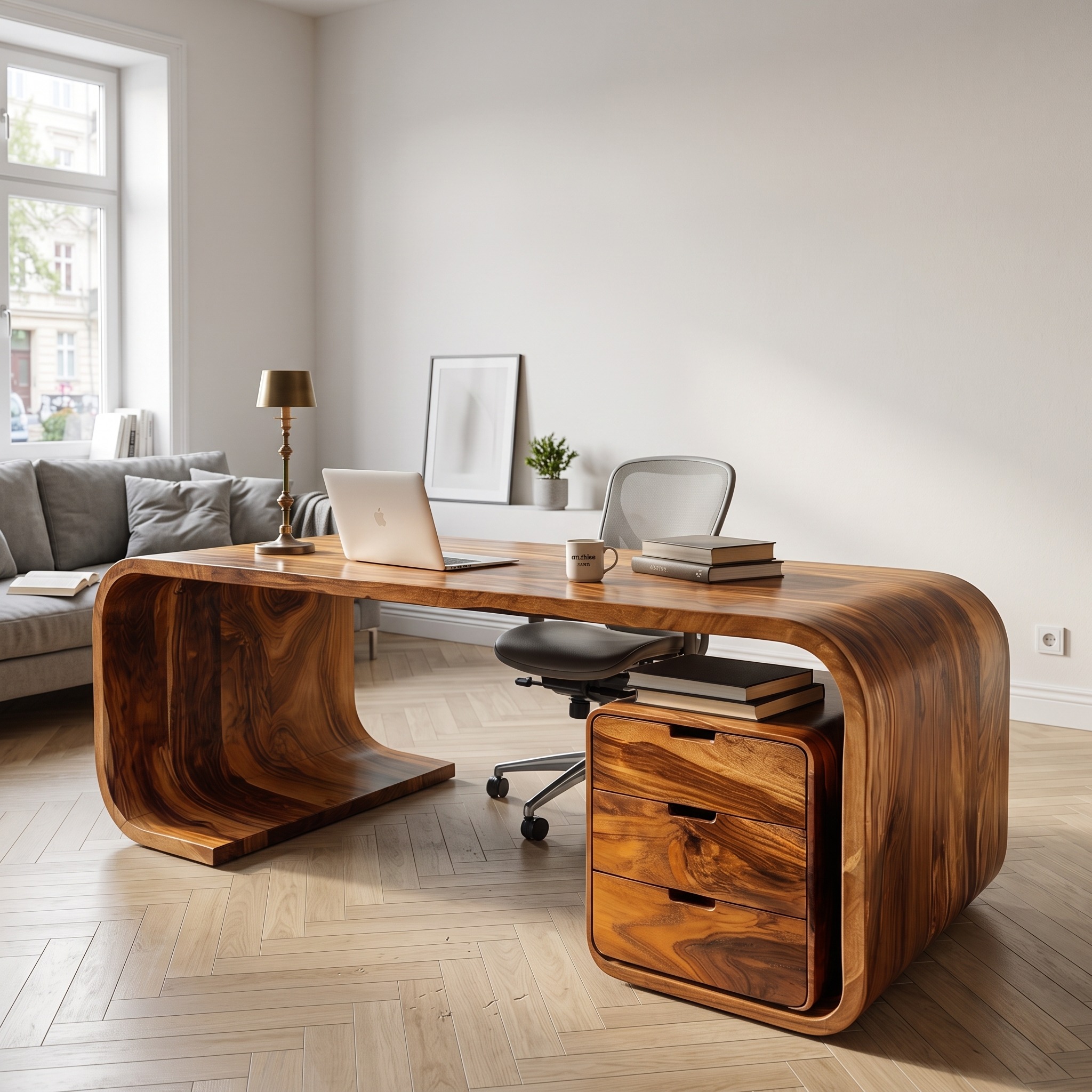 Modern Wooden Desk with Curved Base for Home Office