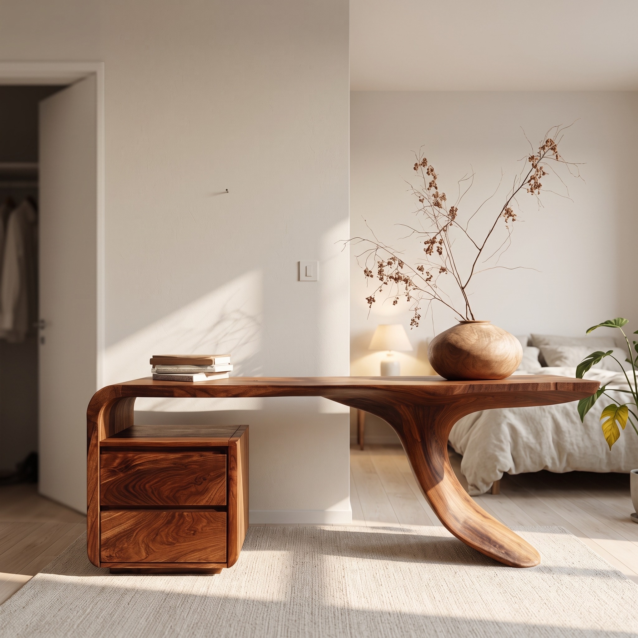 Modern Wooden Desk with Unique Curved Base, Handcrafted Solid Wood Writing Desk for Home Office Workspace, Model