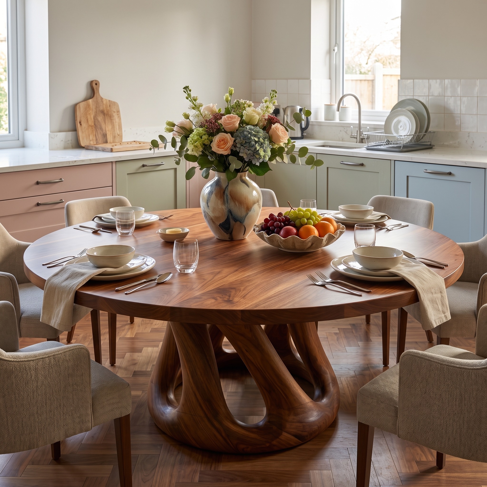Modern Wooden Dining Table with Column Pedestal Base, Round Solid Wood Kitchen Table, Model