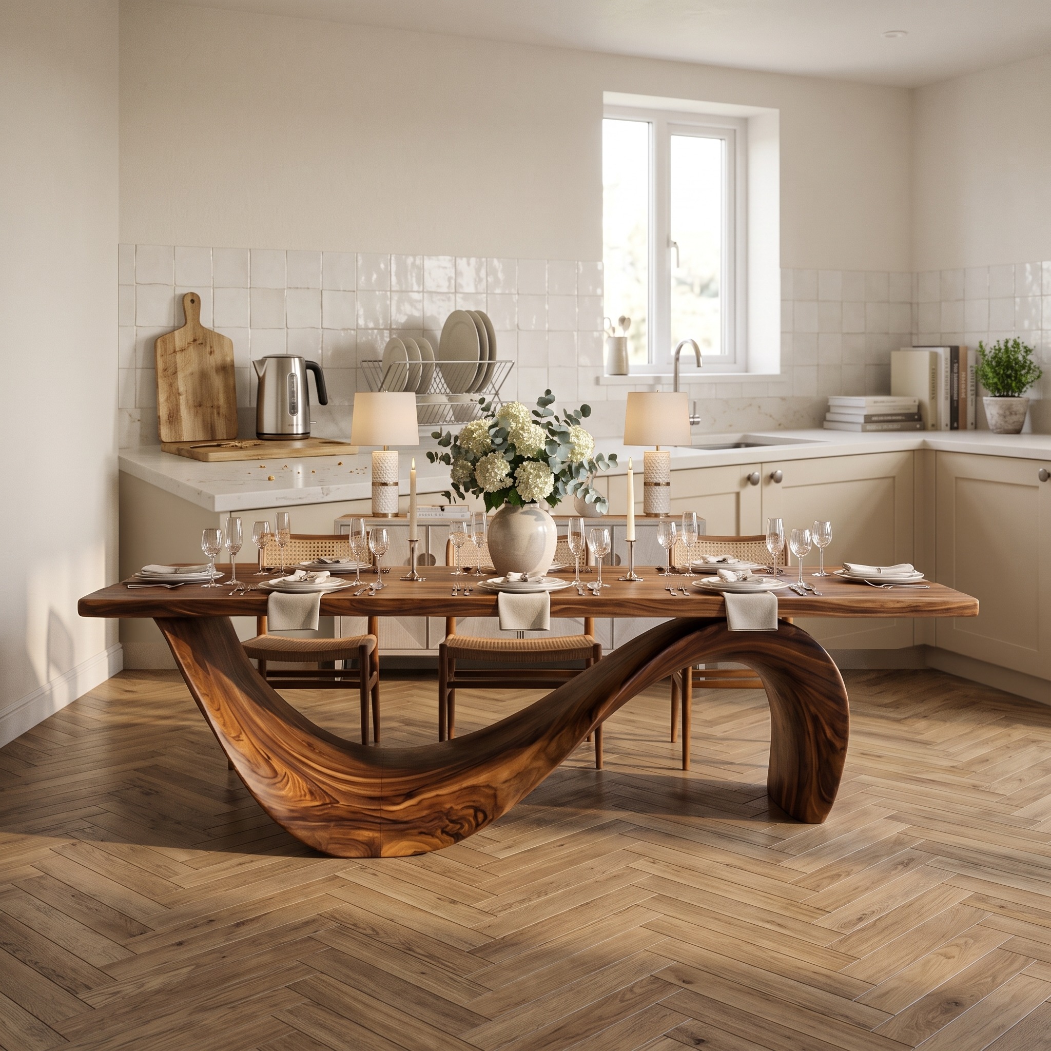 Modern Wooden Dining Table with Curved Base for Dining