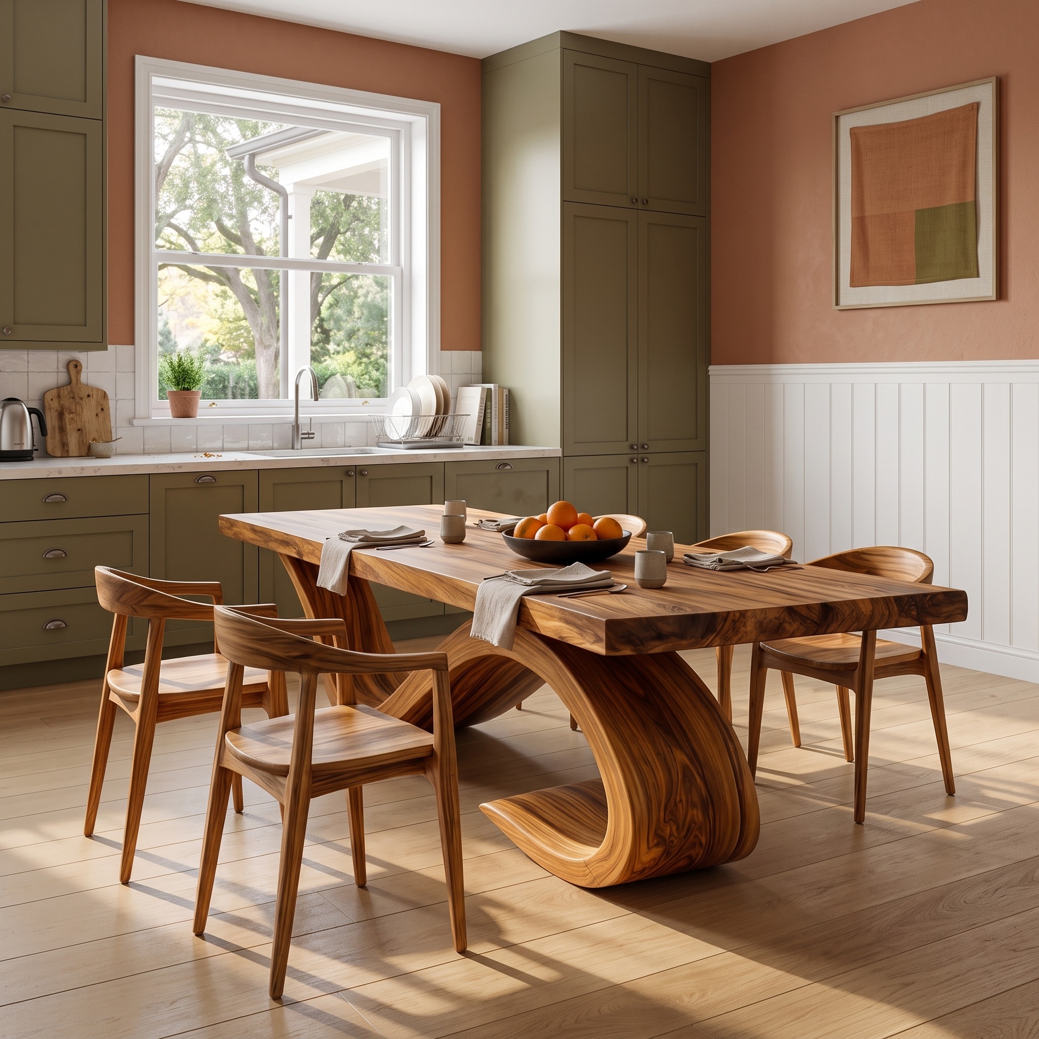 Modern Wooden Dining Table with Sculptural Curved Base, Solid Wood Kitchen Table for Dining Area, Model