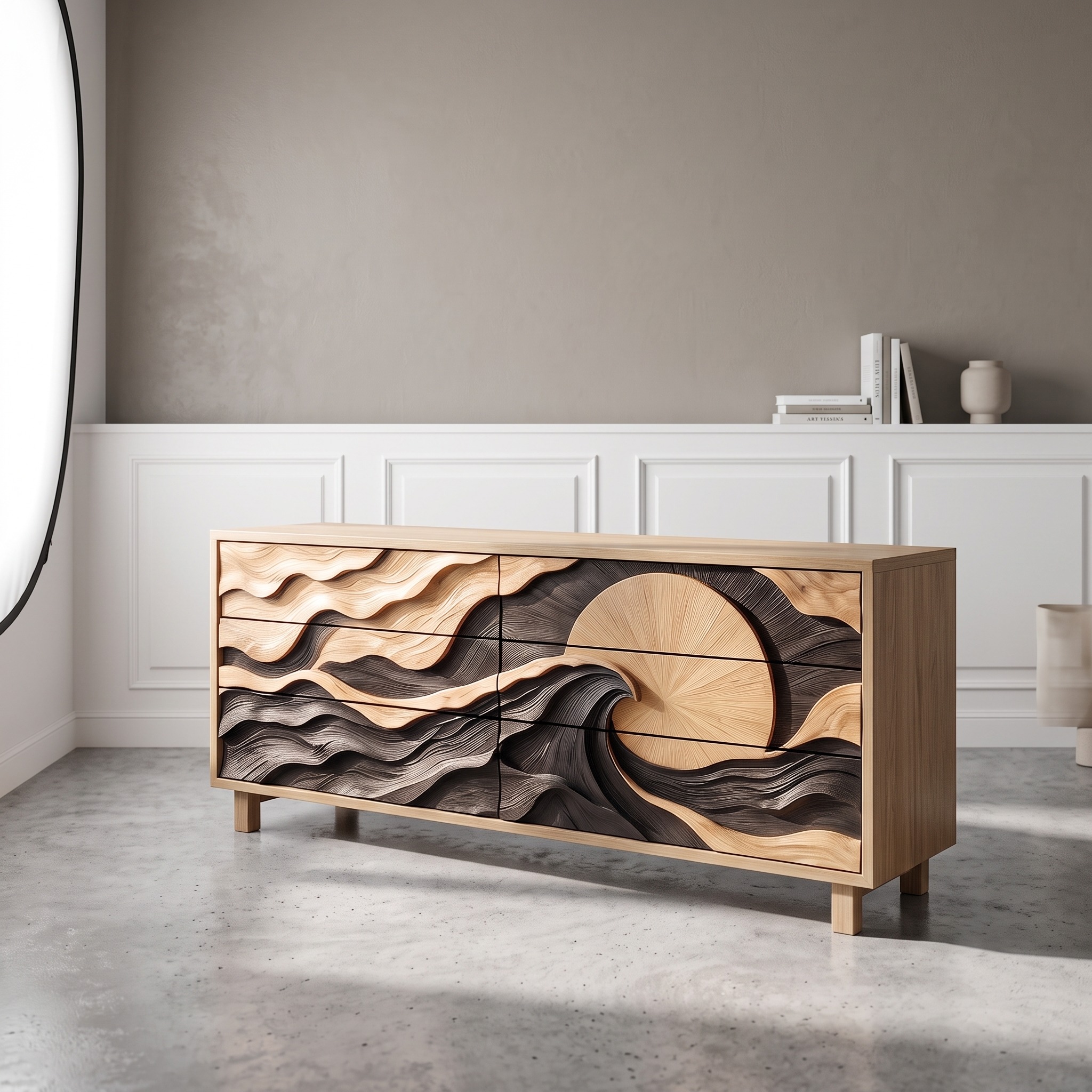 Modern Wooden Dresser with Wave Carved Drawer Fronts for Bedroom