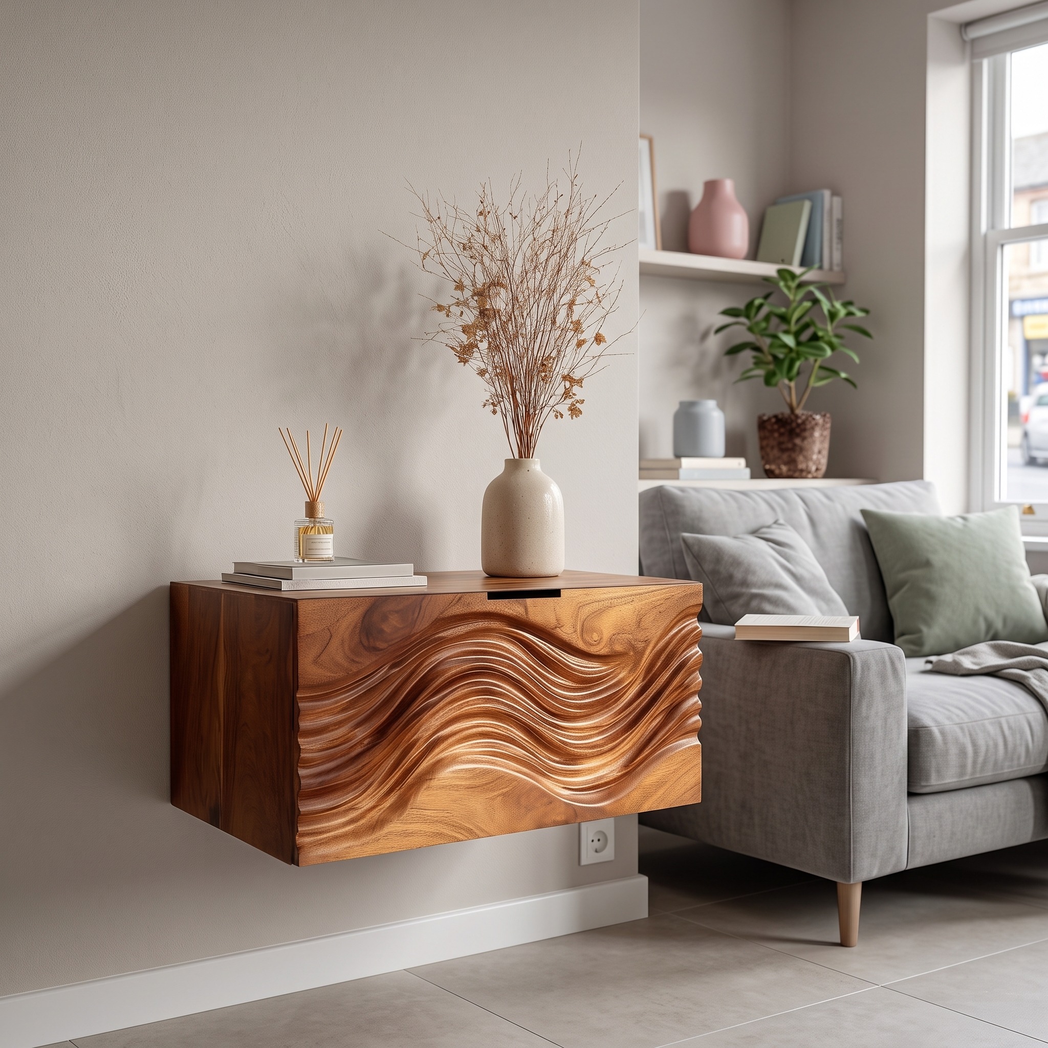 Modern Wooden Floating Nightstand with Wave Carved Drawer Front, Wall Mounted Bedside Table, Model