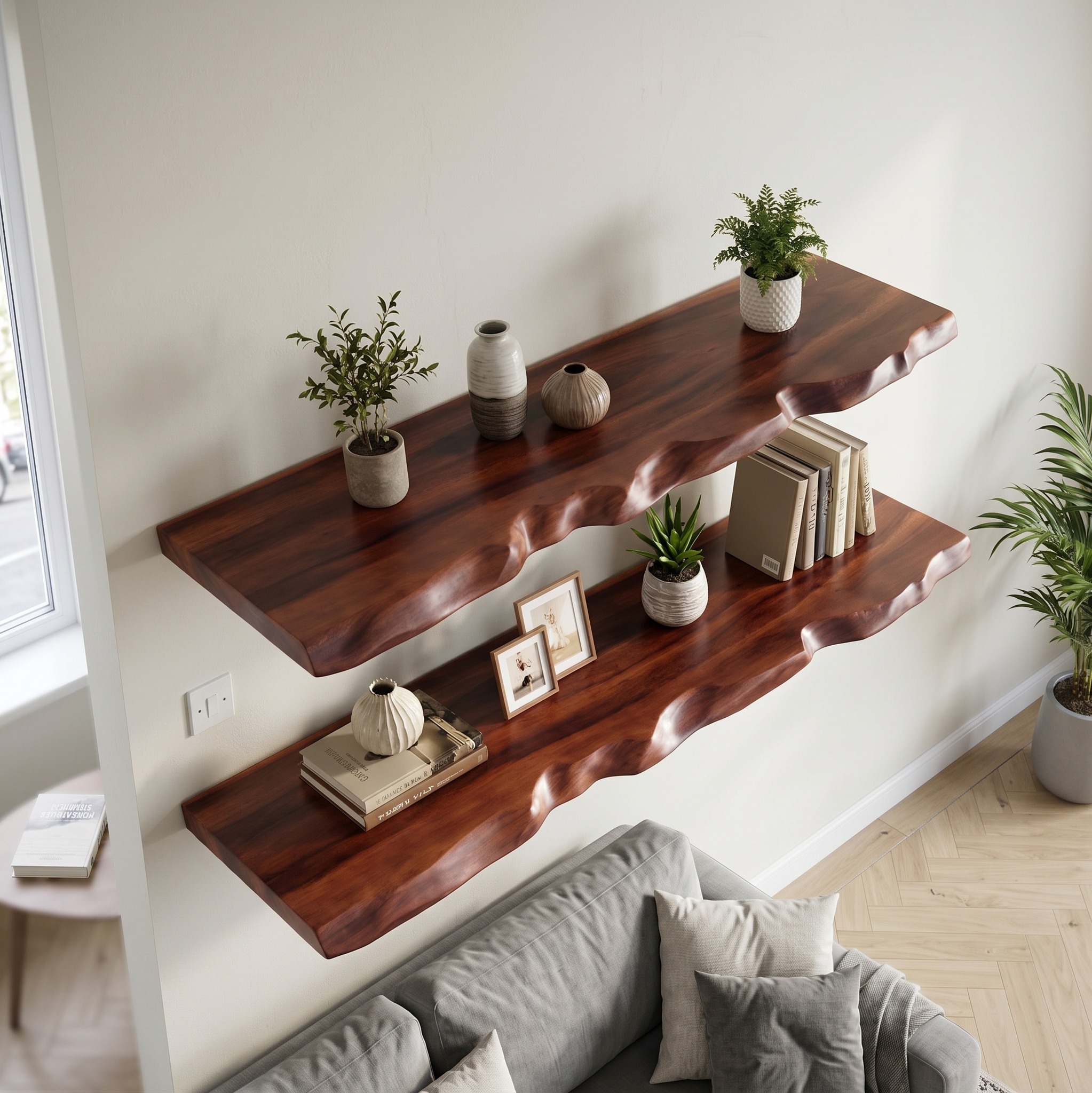 Modern Wooden Floating Wall Shelf, Handcrafted Solid Wood Hanging Ledge for Picture Frames, Trophies & Plant Decor
