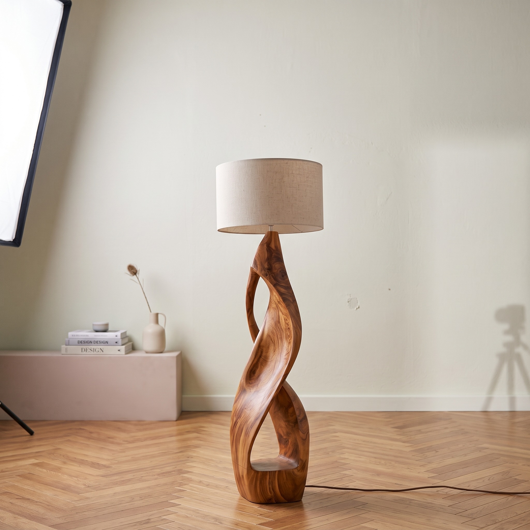 Modern Wooden Floor Lamp, Handcrafted Twisted Wood Standing Light for Living Room, Bedroom & Guest Room