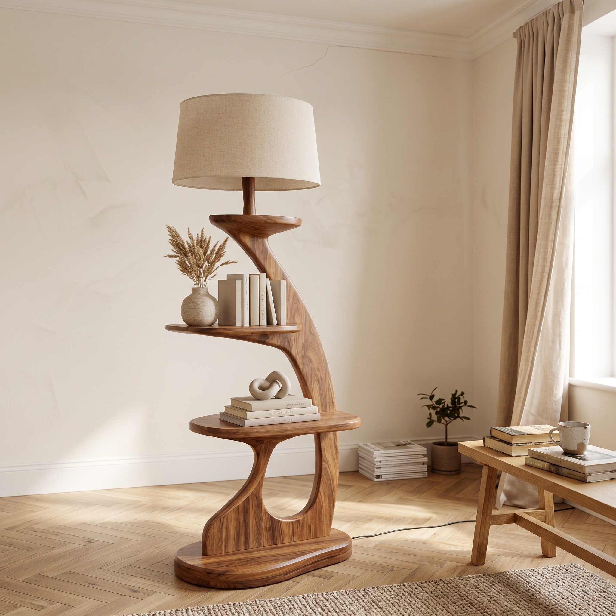 Modern Wooden Floor Lamp with 2-Tier Shelving Unit for Home