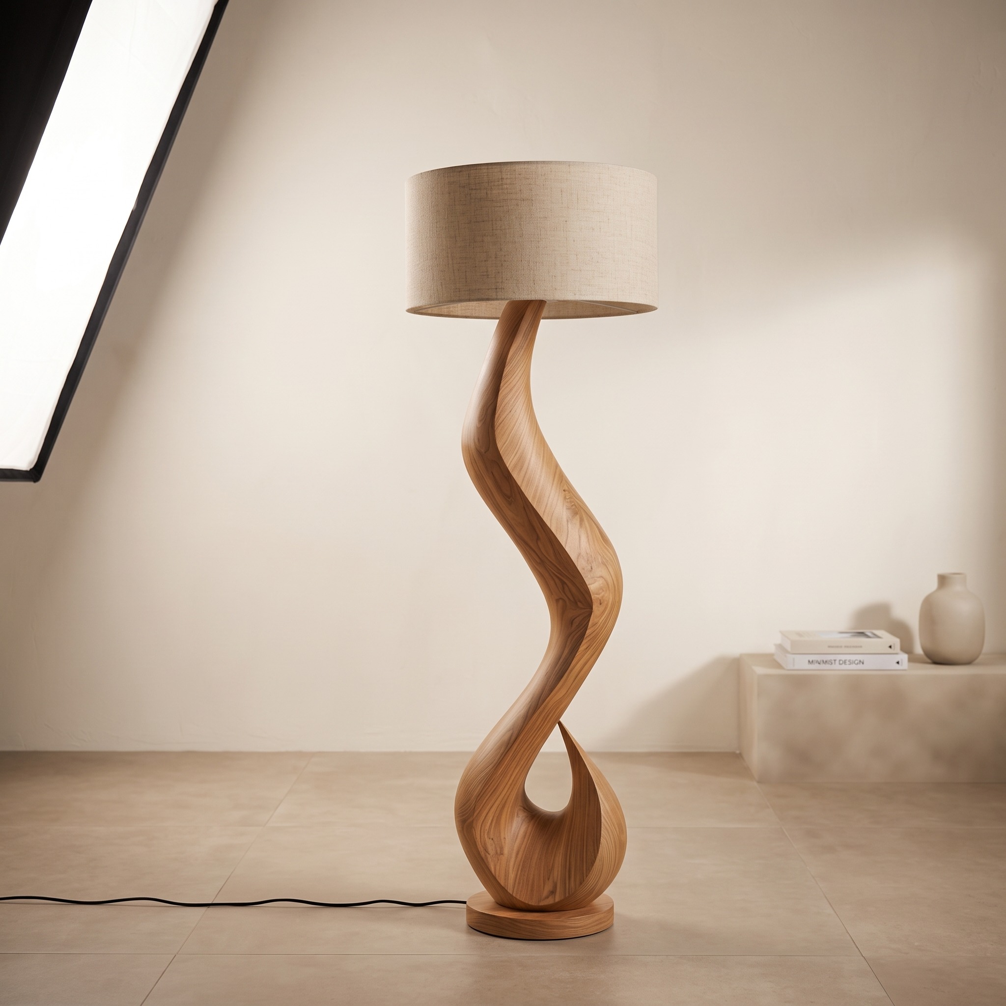 Modern Wooden Floor Lamp with Flowing Organic Form, Tall Standing Accent Light for Living Room Corner, Model