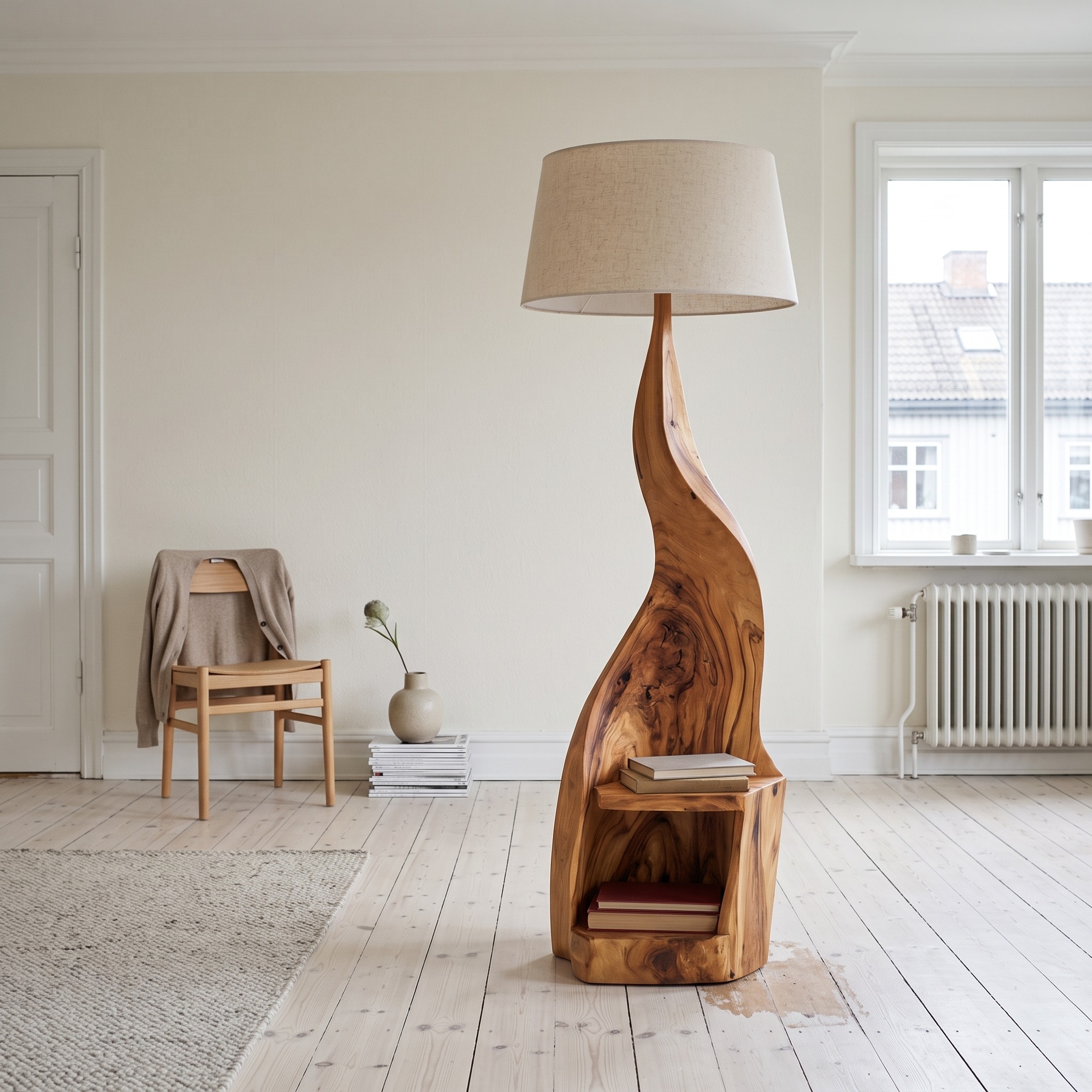Modern Wooden Floor Lamp with Storage Shelf, Solid Wood Bedside Standing Accent Light for Reading Nook, Model