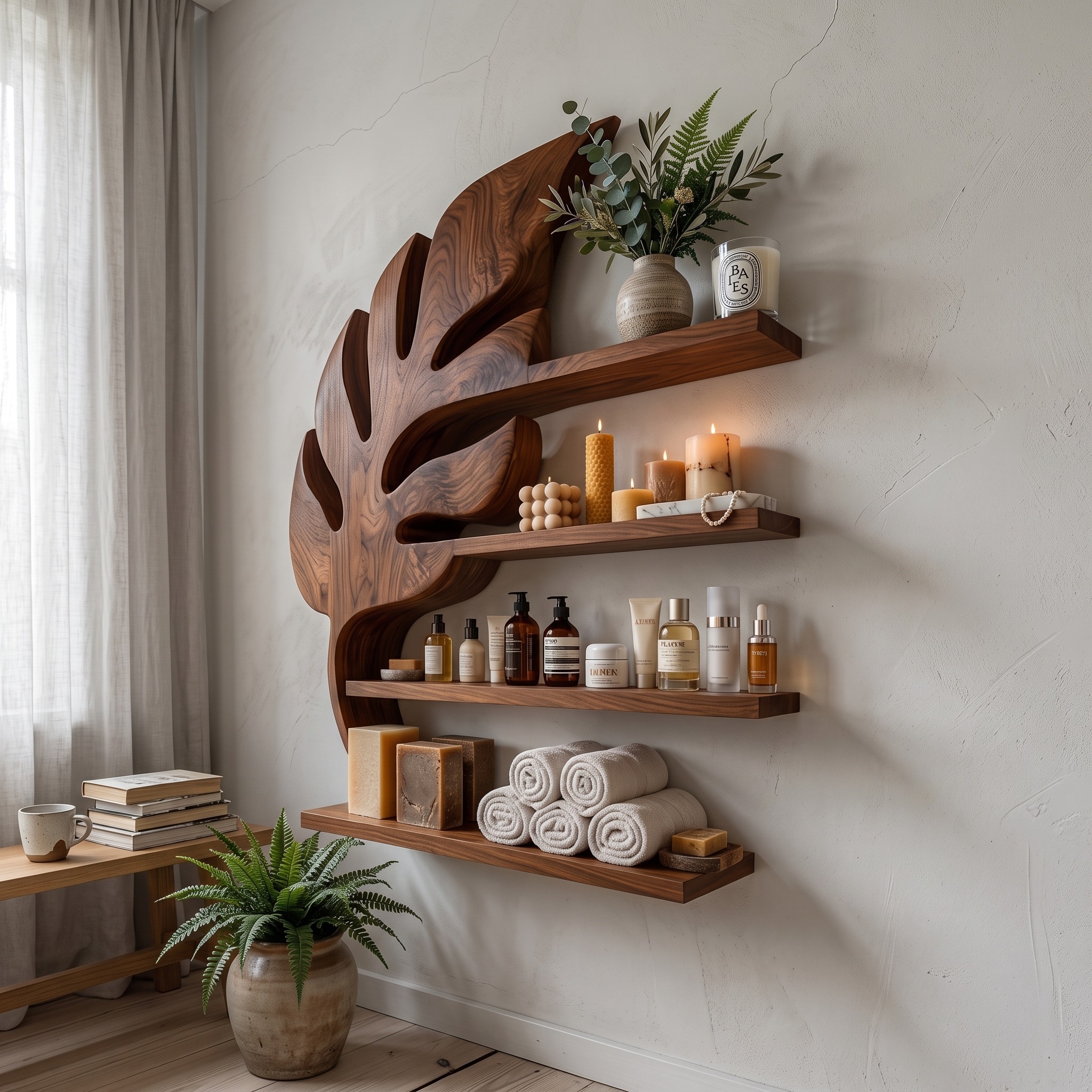 Modern Wooden Leaf Bathroom Shelf for Bathroom Interior