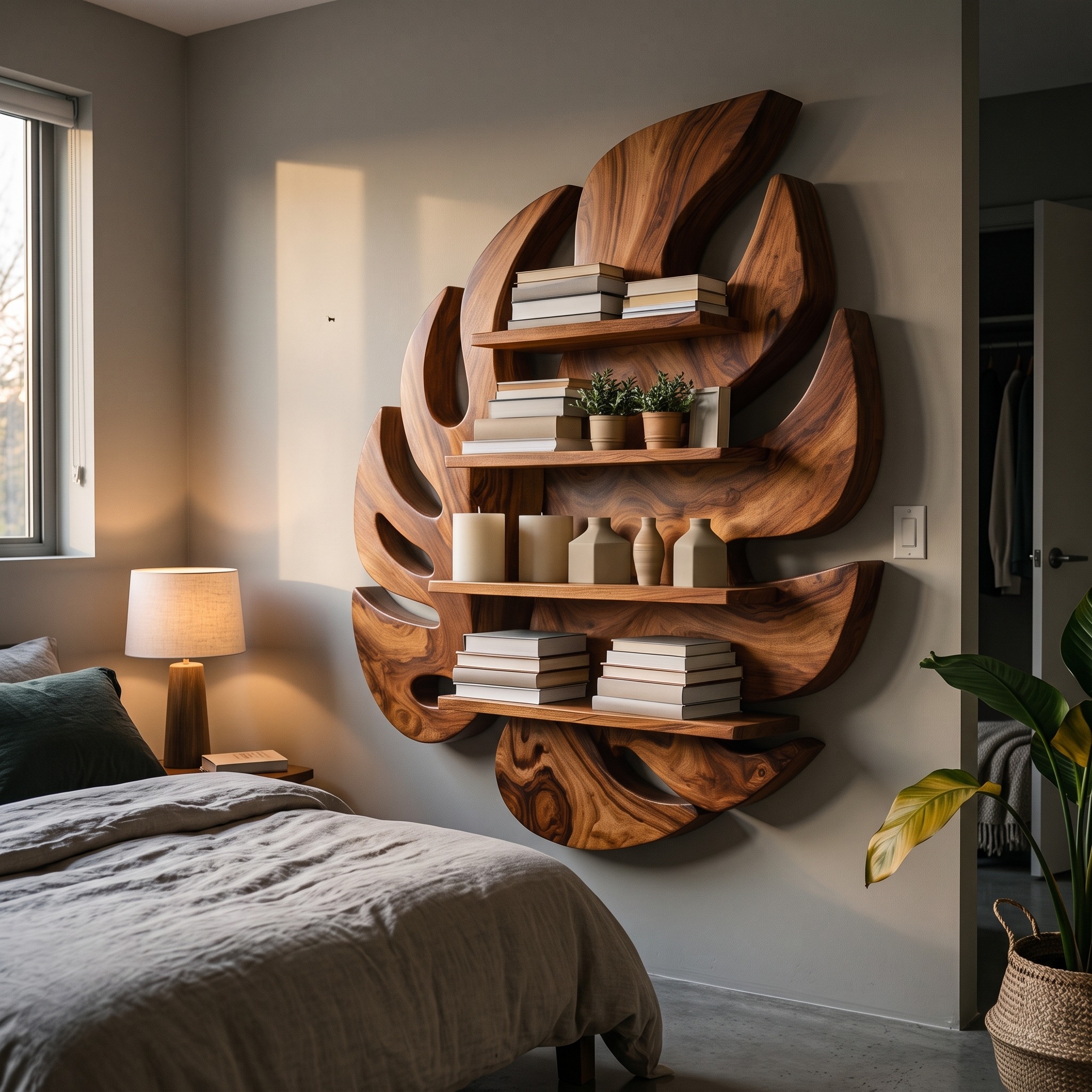 Modern Wooden Leaf Floating Bookshelf, Handcrafted Wall Mounted Solid Wood Display Shelf for Living Room & Nursery