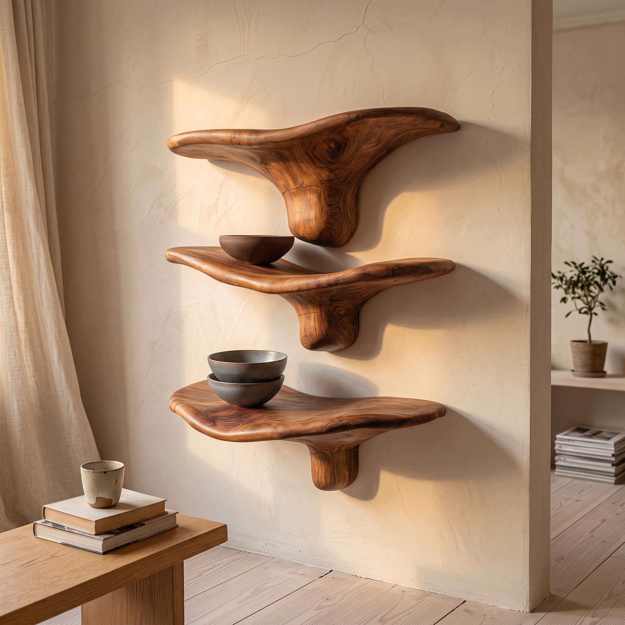 Modern Wooden Live Edge Mushroom Shelf for Minimalist Interior Decor