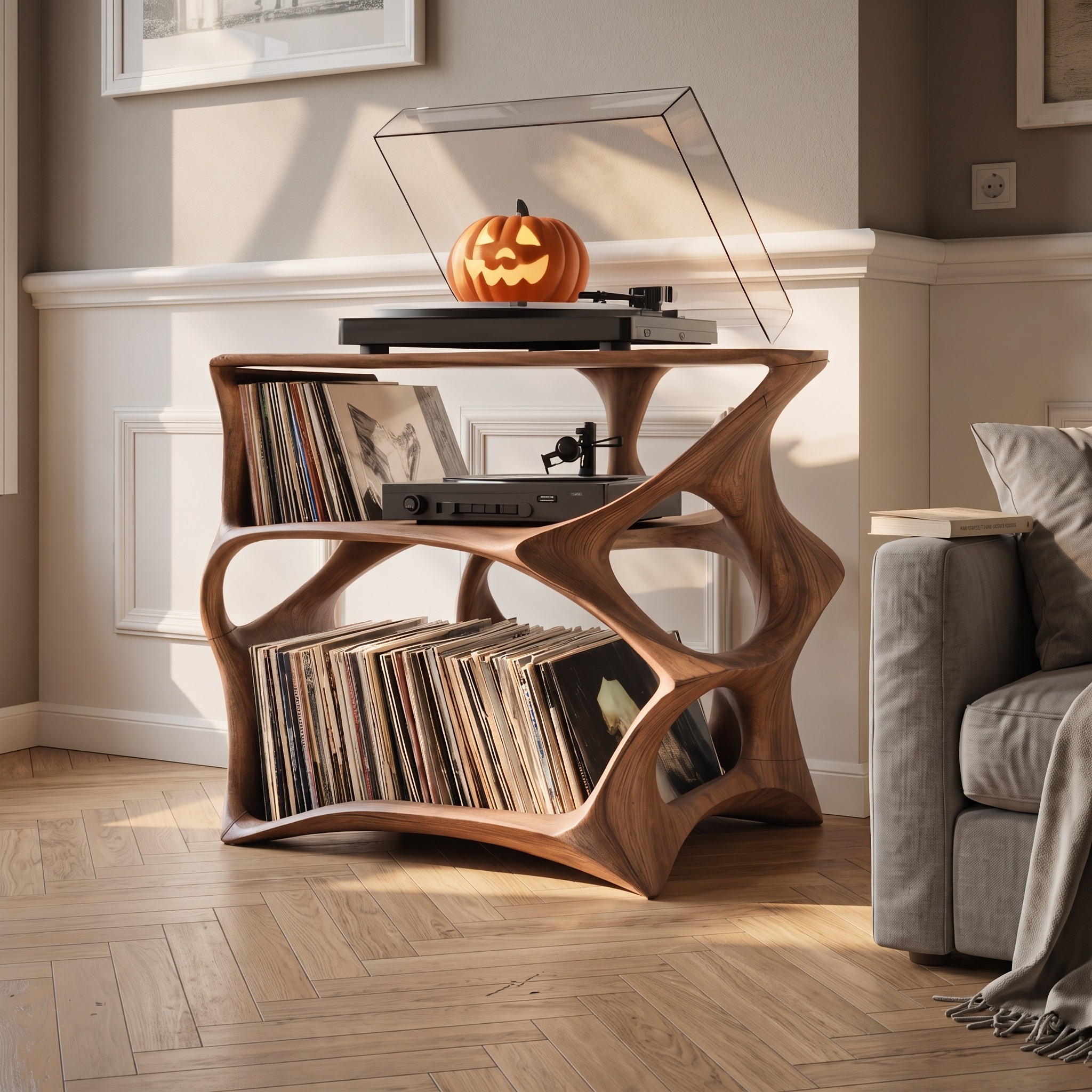 Modern Wooden Live Edge Record Stand for Living Room Halloween Style