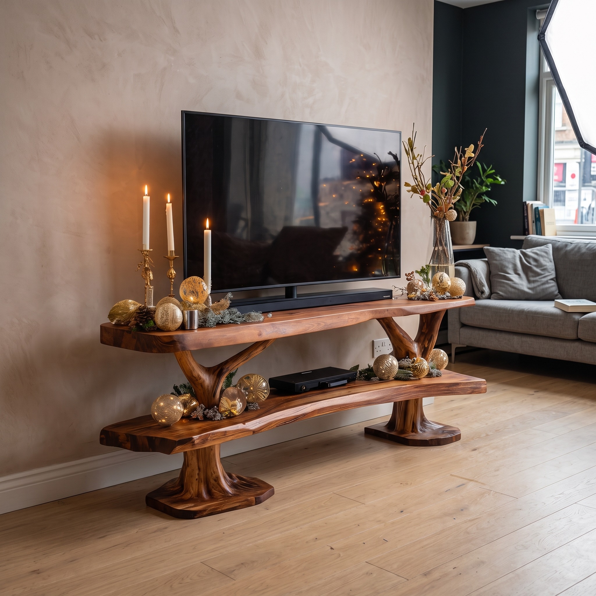 Modern Wooden Live Edge TV Console, Handcrafted Solid Wood Media Stand & Living Room Credenza Table