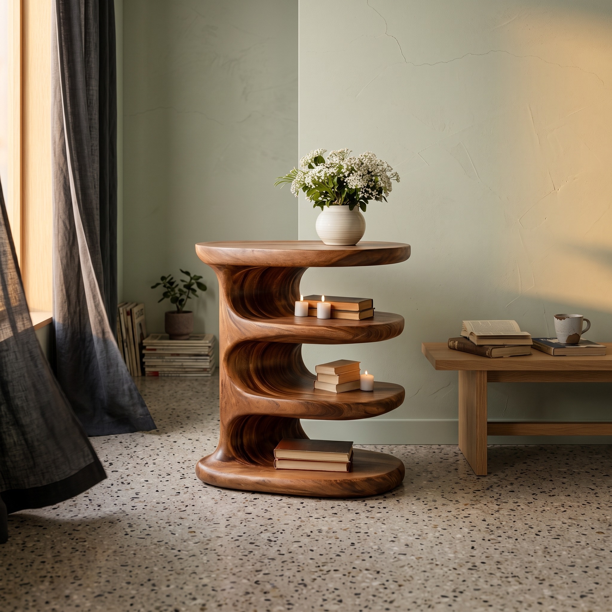 Modern Wooden Nightstand, Multi-Layer Tiered Design Bedside Side Table with Open Storage, Model