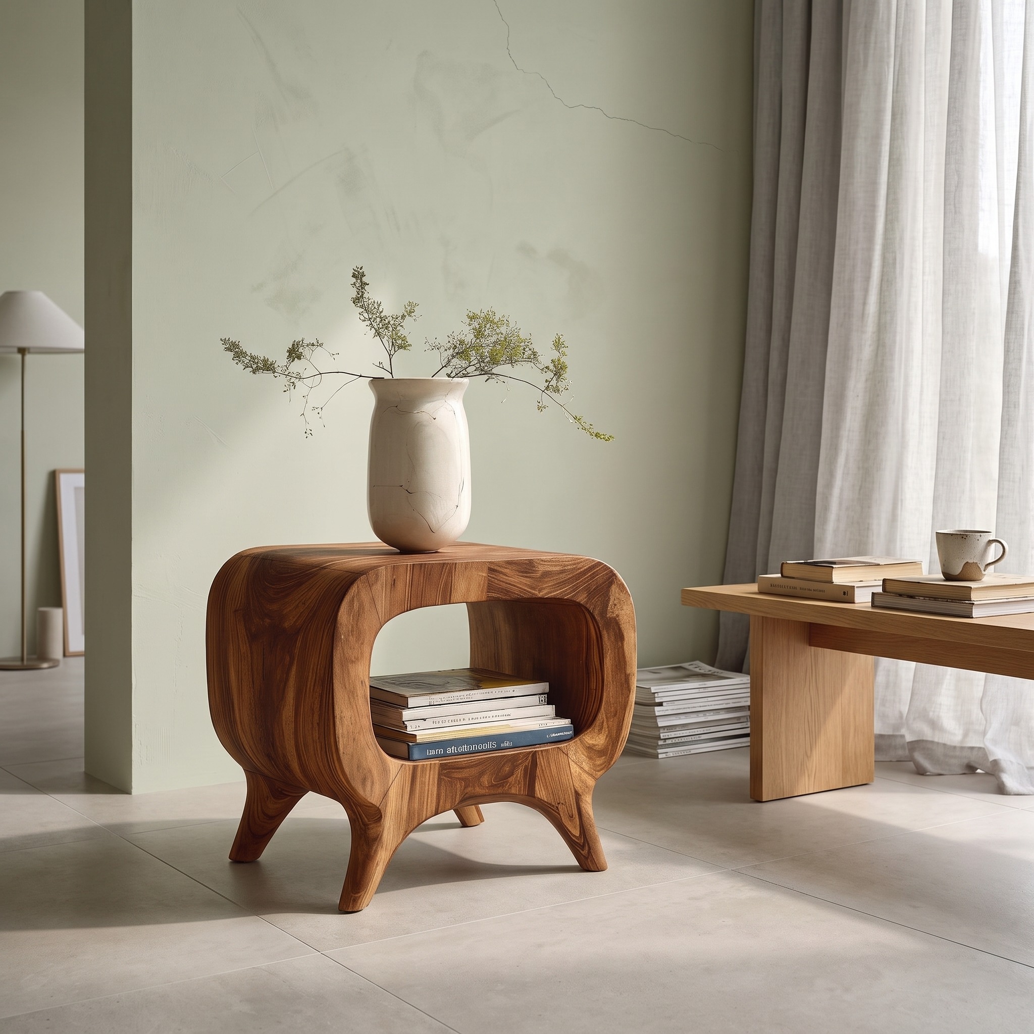 Modern Wooden Nightstand with Rounded Edges, Minimalist Bedside End Table with Drawer, Model
