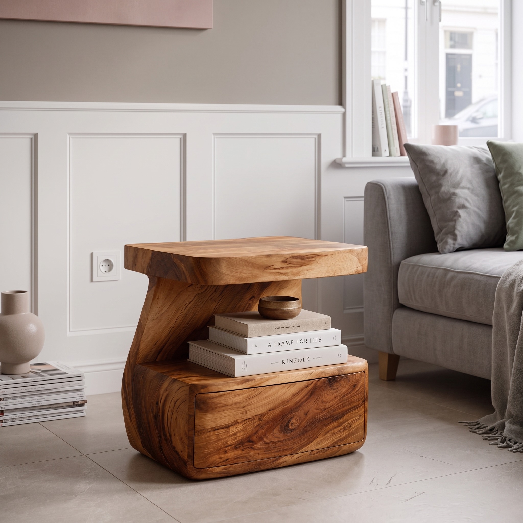Modern Wooden Nightstand with Storage Drawer, Handcrafted Solid Wood Bedside Side Accent Table for Bedroom Decor