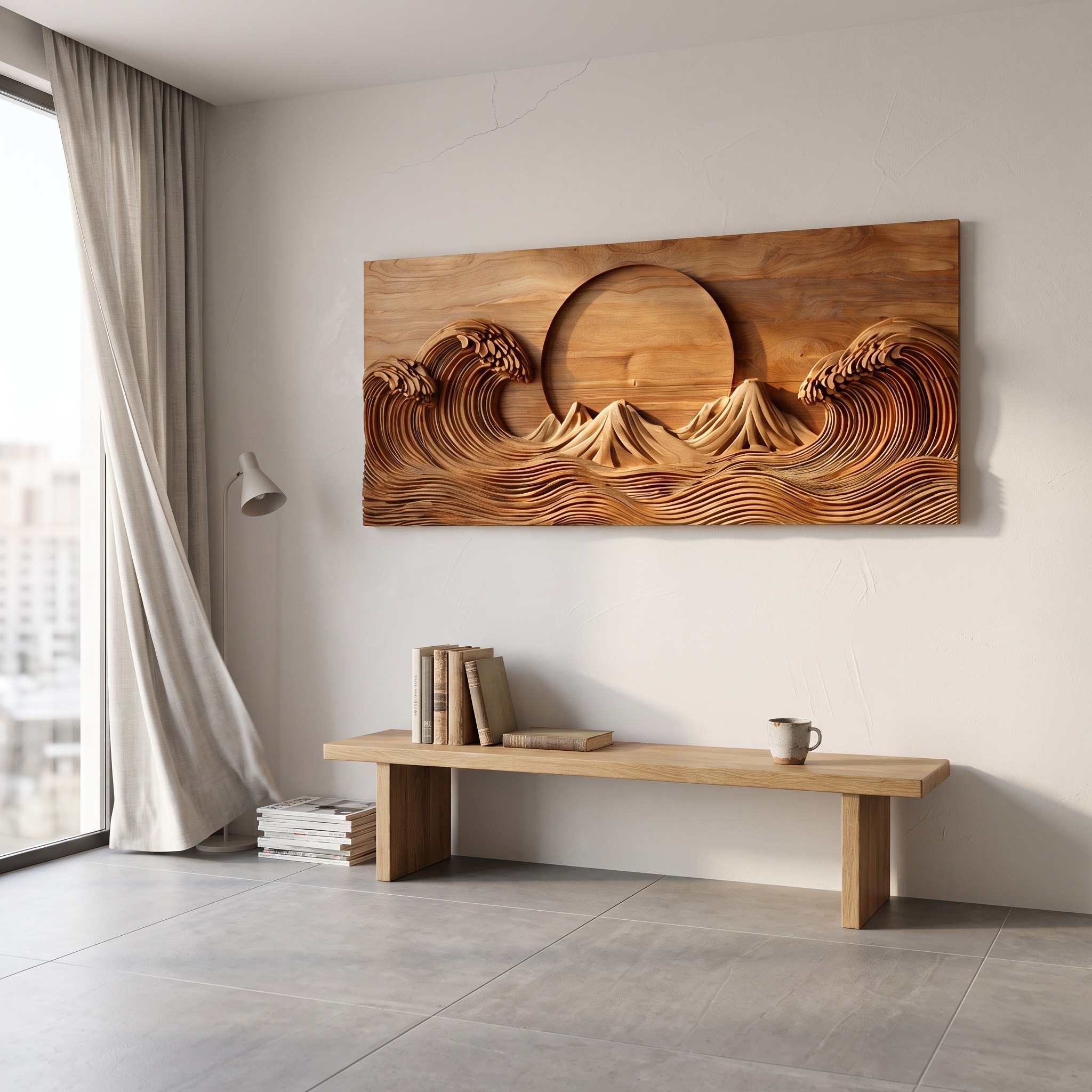 Modern Wooden Ocean Wave Wall Art, Hand-Carved 3D Wood Sculpture Panel for Bedroom & Living Room Decor