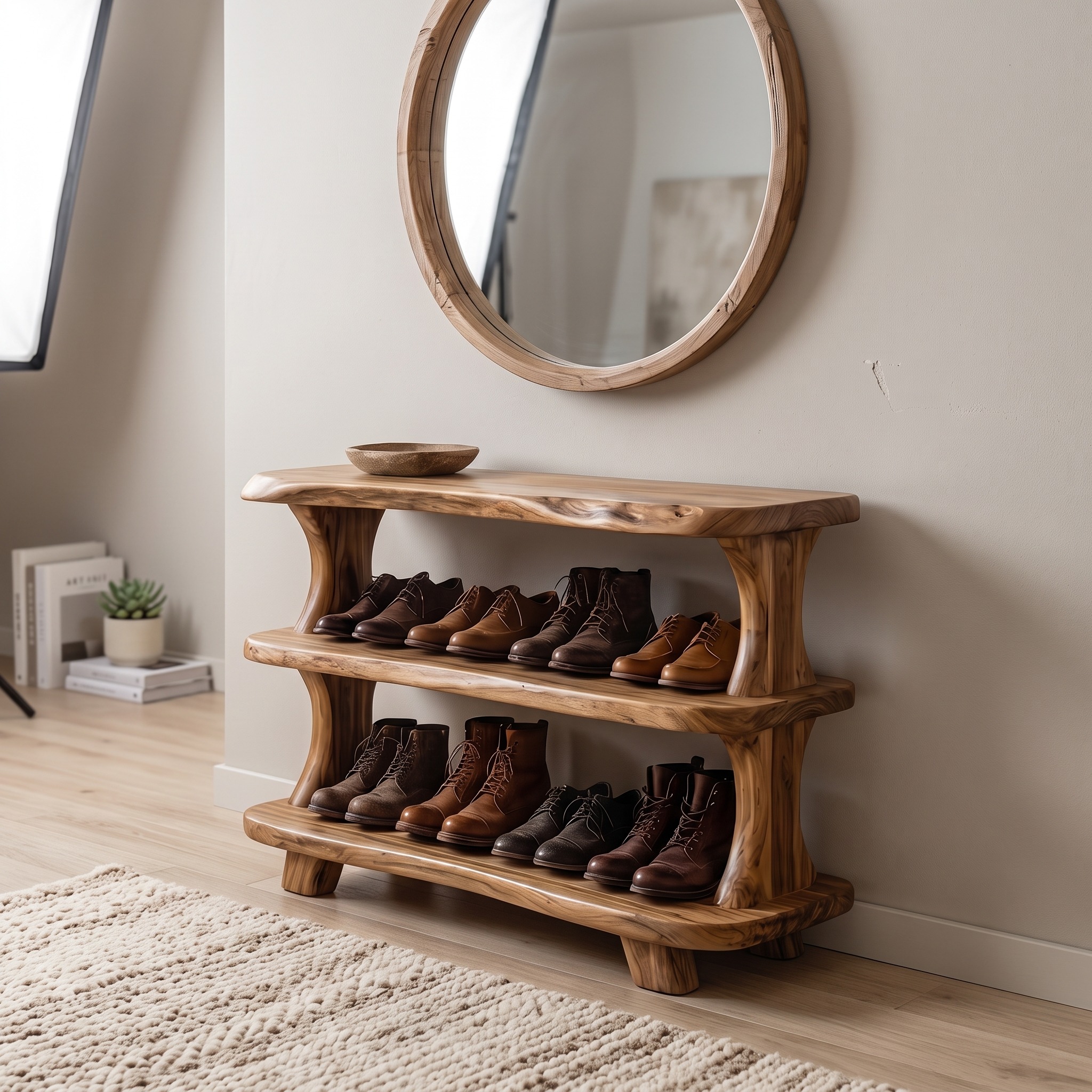 Modern Wooden Shoe Rack, Sculptural Entryway Organizer Closet Cabinet with Shelves