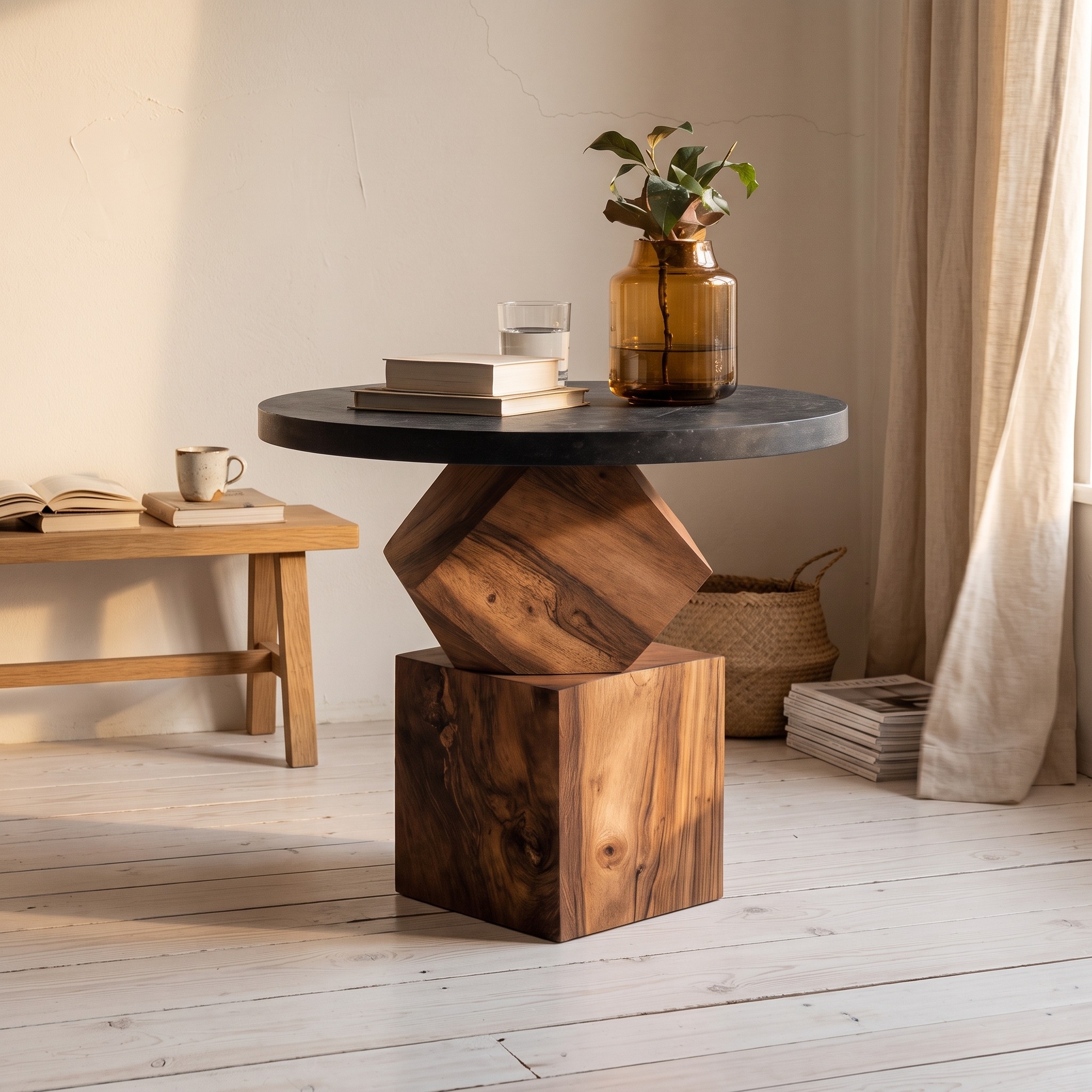 Modern Wooden Side Table & Bedroom Nightstand, Minimalist Solid Wood Accent End Table for Living Room