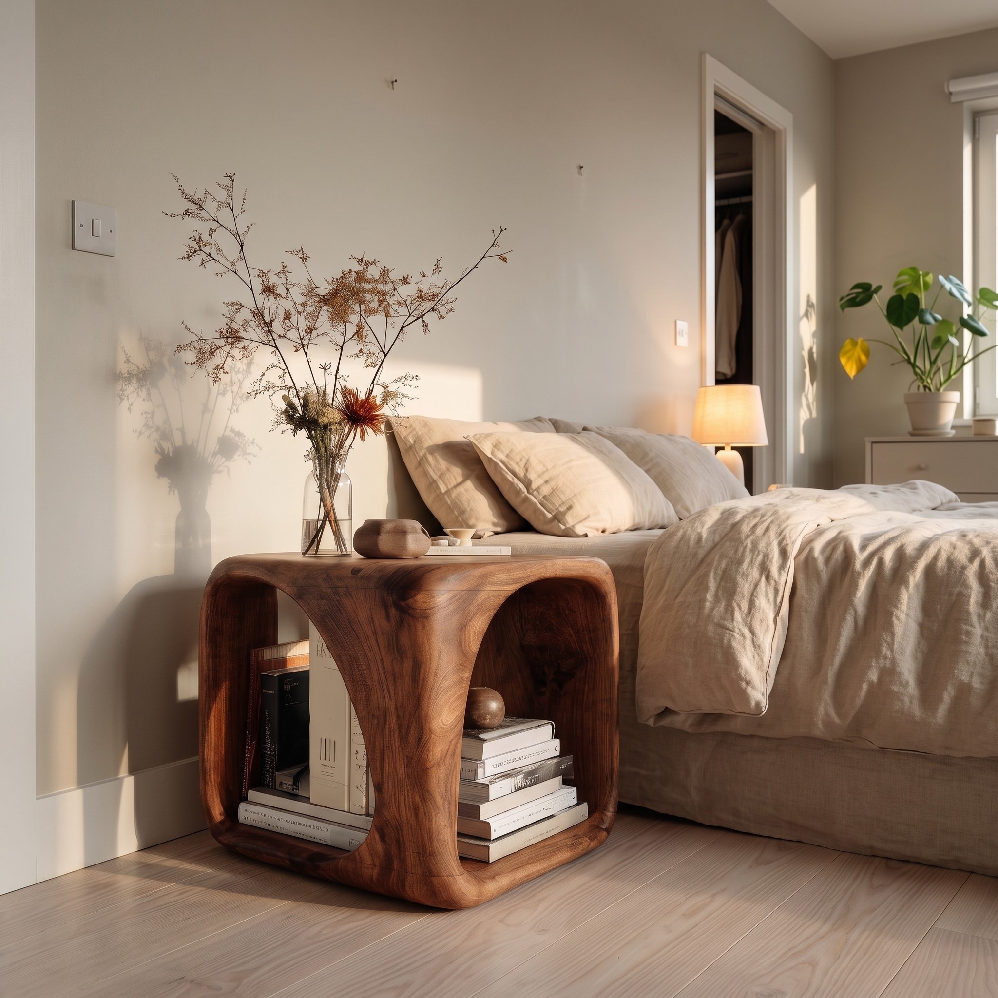 Modern Wooden Side Table with Sculptural Hollow Form, Handcrafted Solid Wood End Accent Table & Nightstand for Sofa
