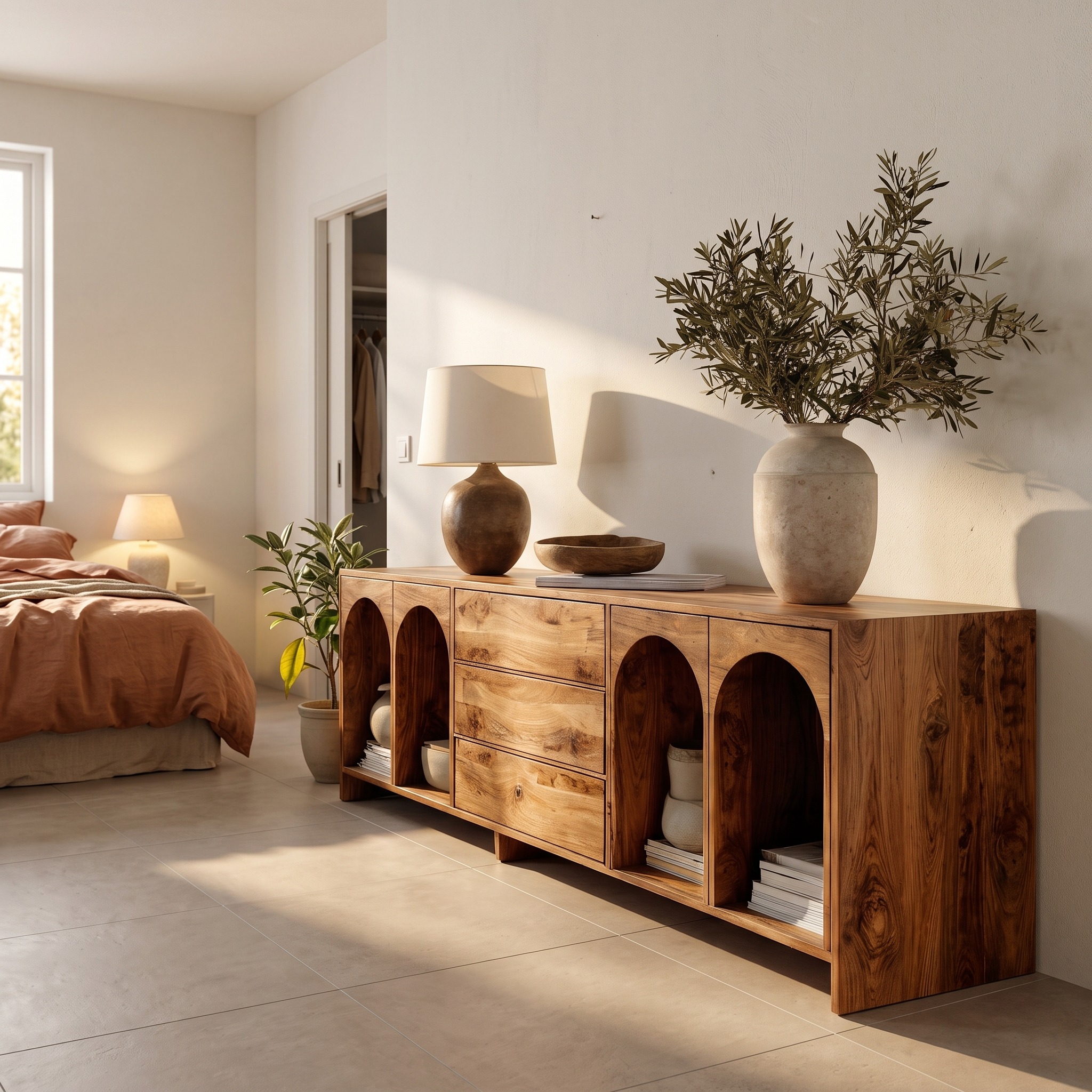 Modern Wooden Sideboard with Arched Compartments, Handcrafted Solid Wood Credenza Cabinet for Living Room, Model
