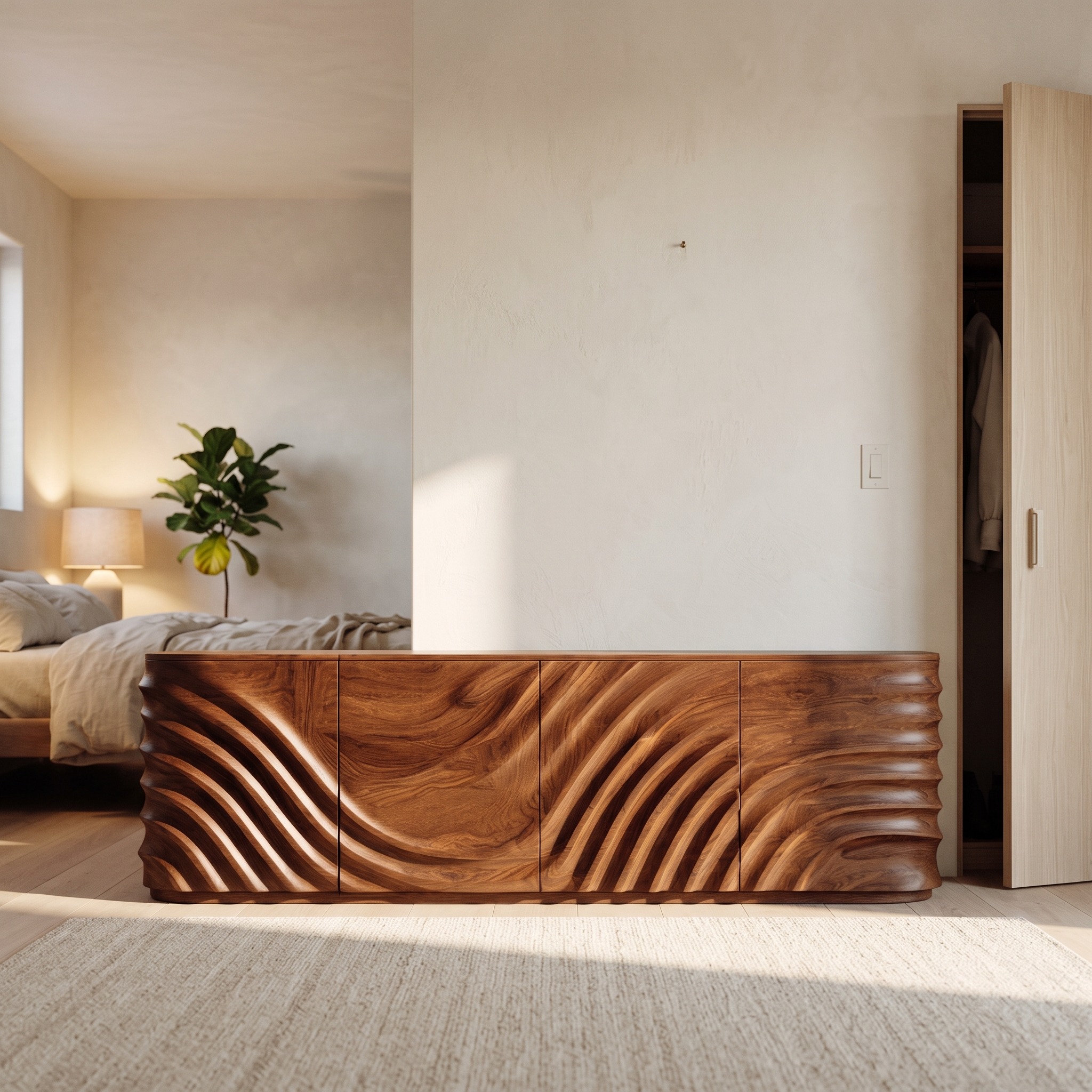 Modern Wooden Sideboard with Carved Door, Handcrafted Solid Wood Credenza Cabinet for Minimalist Living Space, Model
