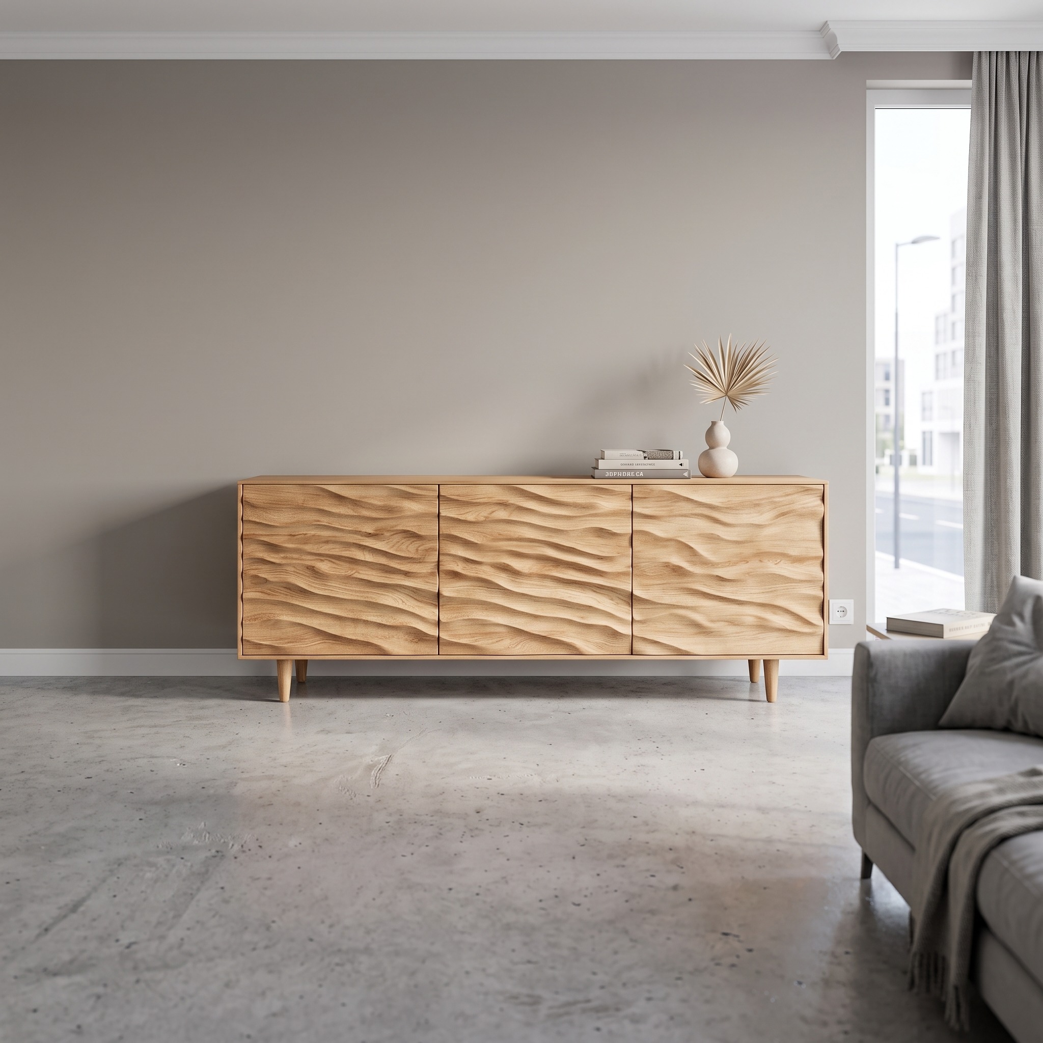 Modern Wooden Sideboard with Carved Wave Doors for Contemporary Living