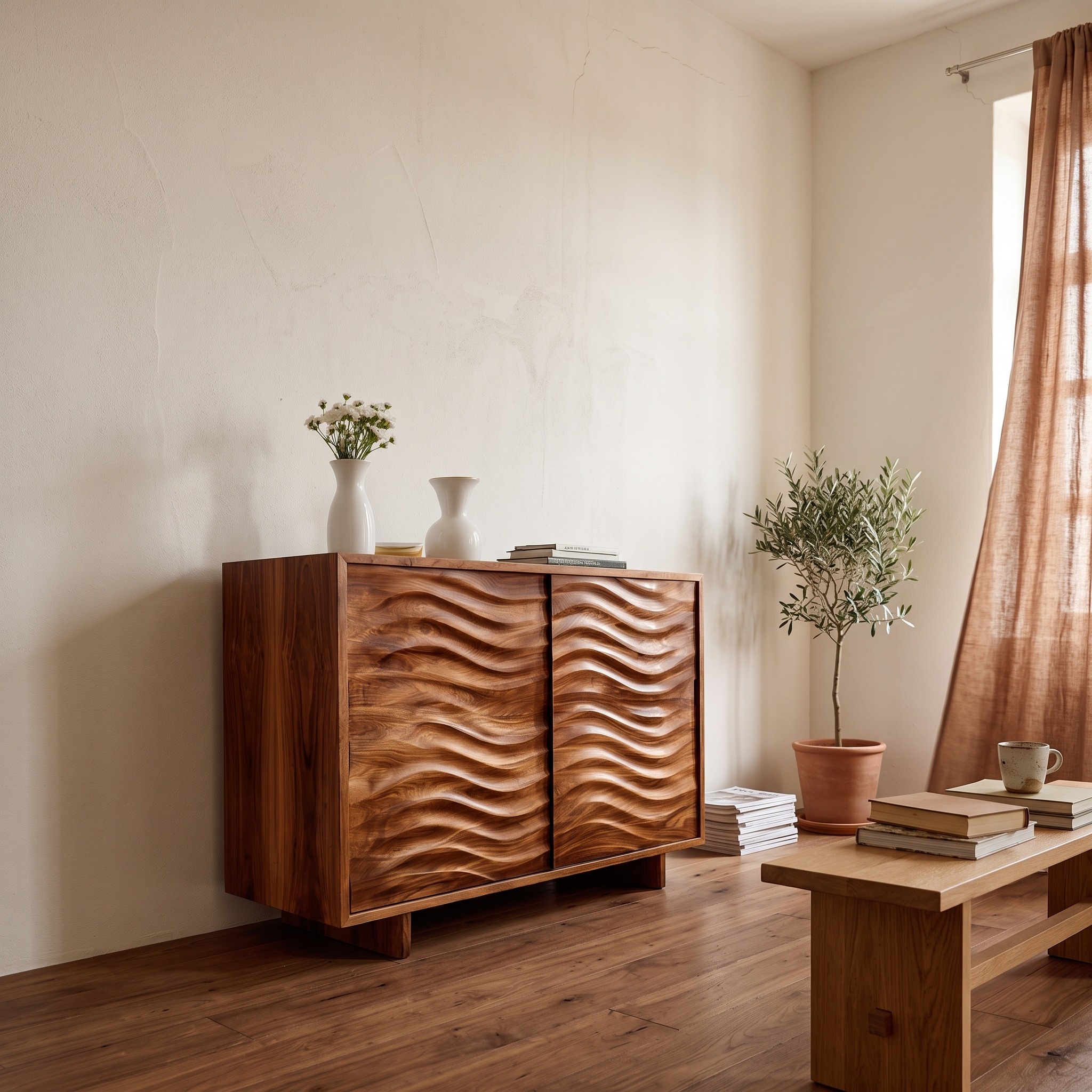 Modern Wooden Sideboard with Flowing Wave Doors, Handcrafted Solid Wood Credenza Cabinet for Living Room, Model