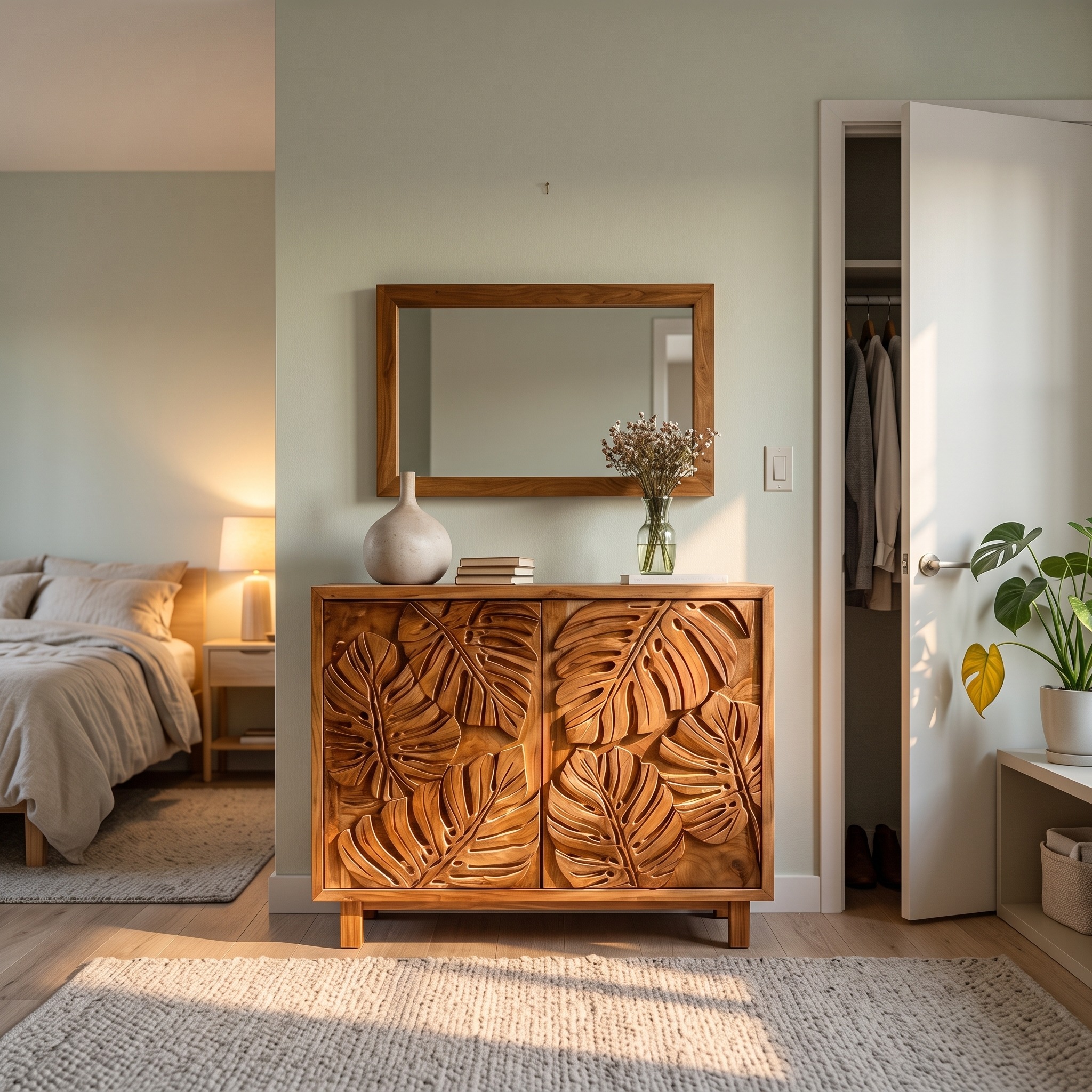 Modern Wooden Sideboard with Leaf Carved Doors, Handcrafted Solid Wood Credenza Cabinet for Living Room, Model