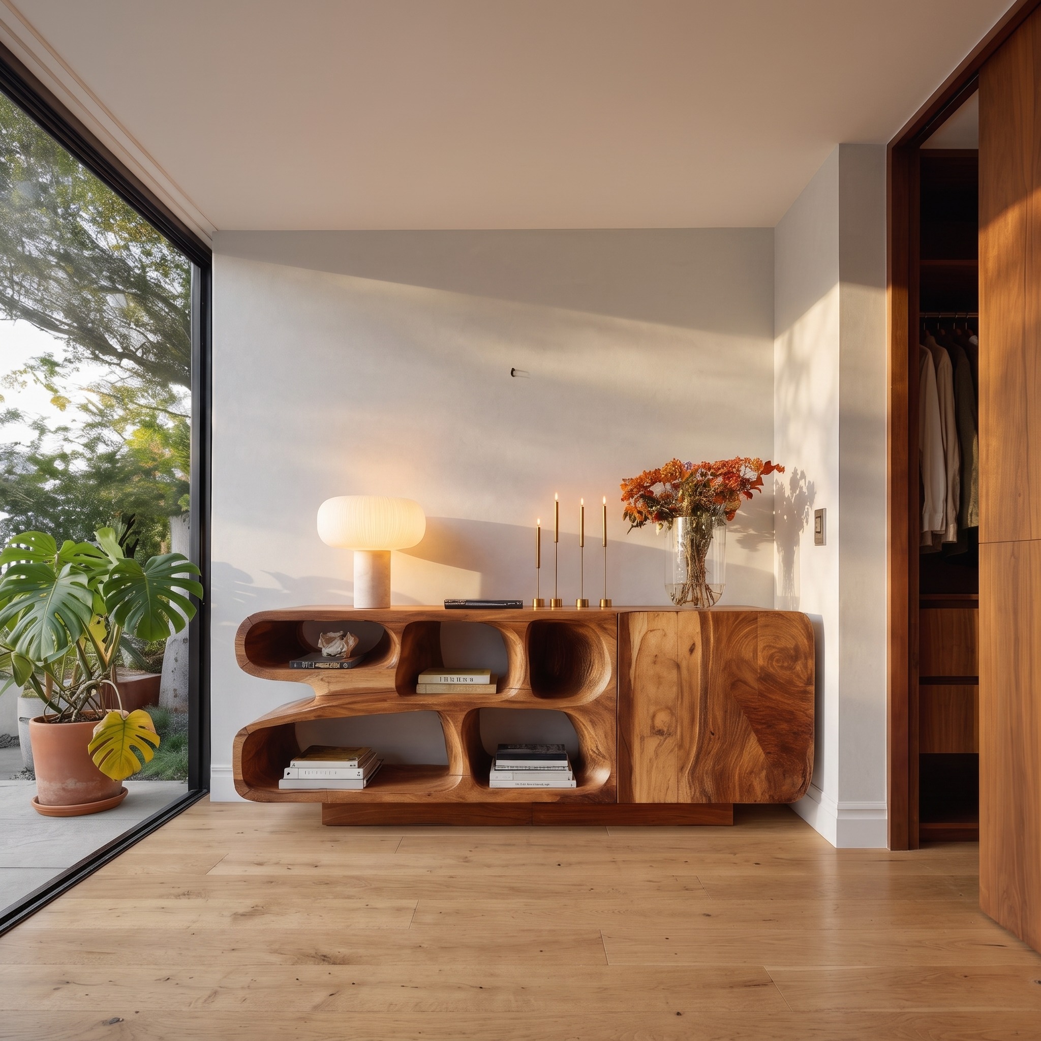 Modern Wooden Sideboard with Organic Curved for Entryway Storage