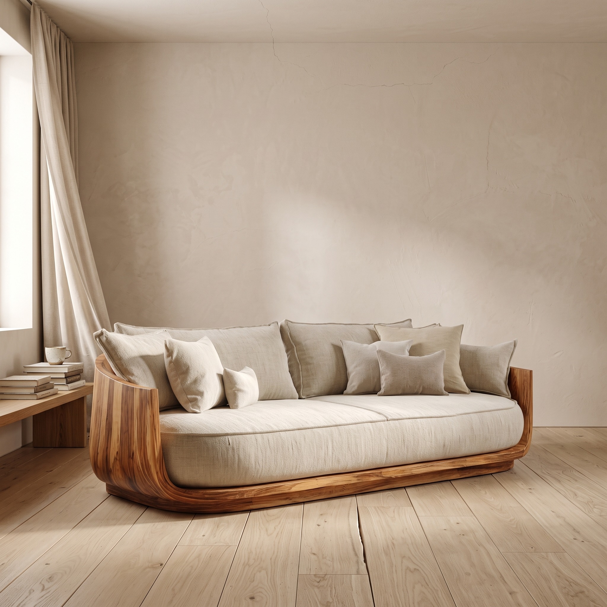 Modern Wooden Sofa with Flowing Rounded Edges, Contemporary Settee Loveseat, Living Room Designer Couch