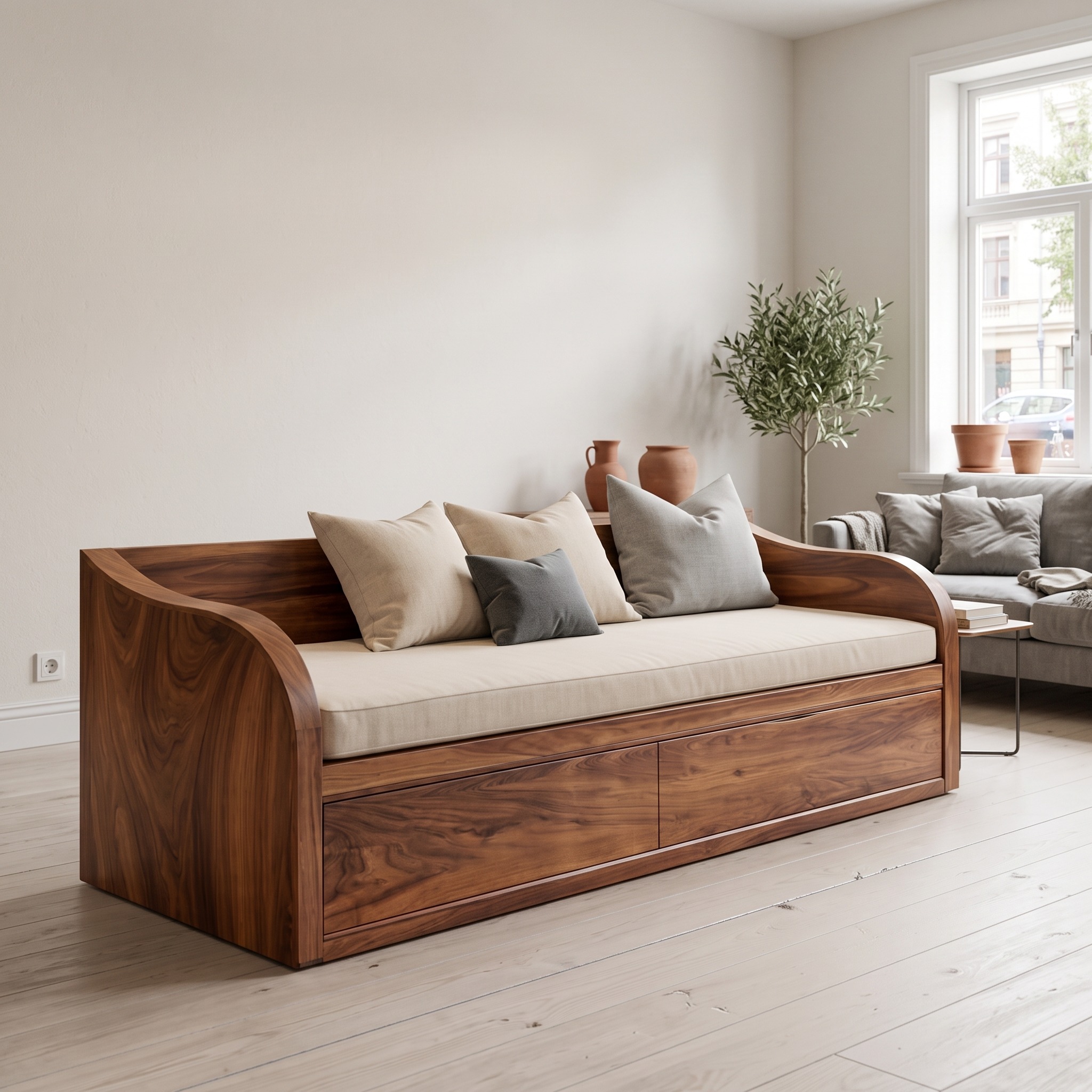 Modern Wooden Sofa with Integrated Drawers for Living Room
