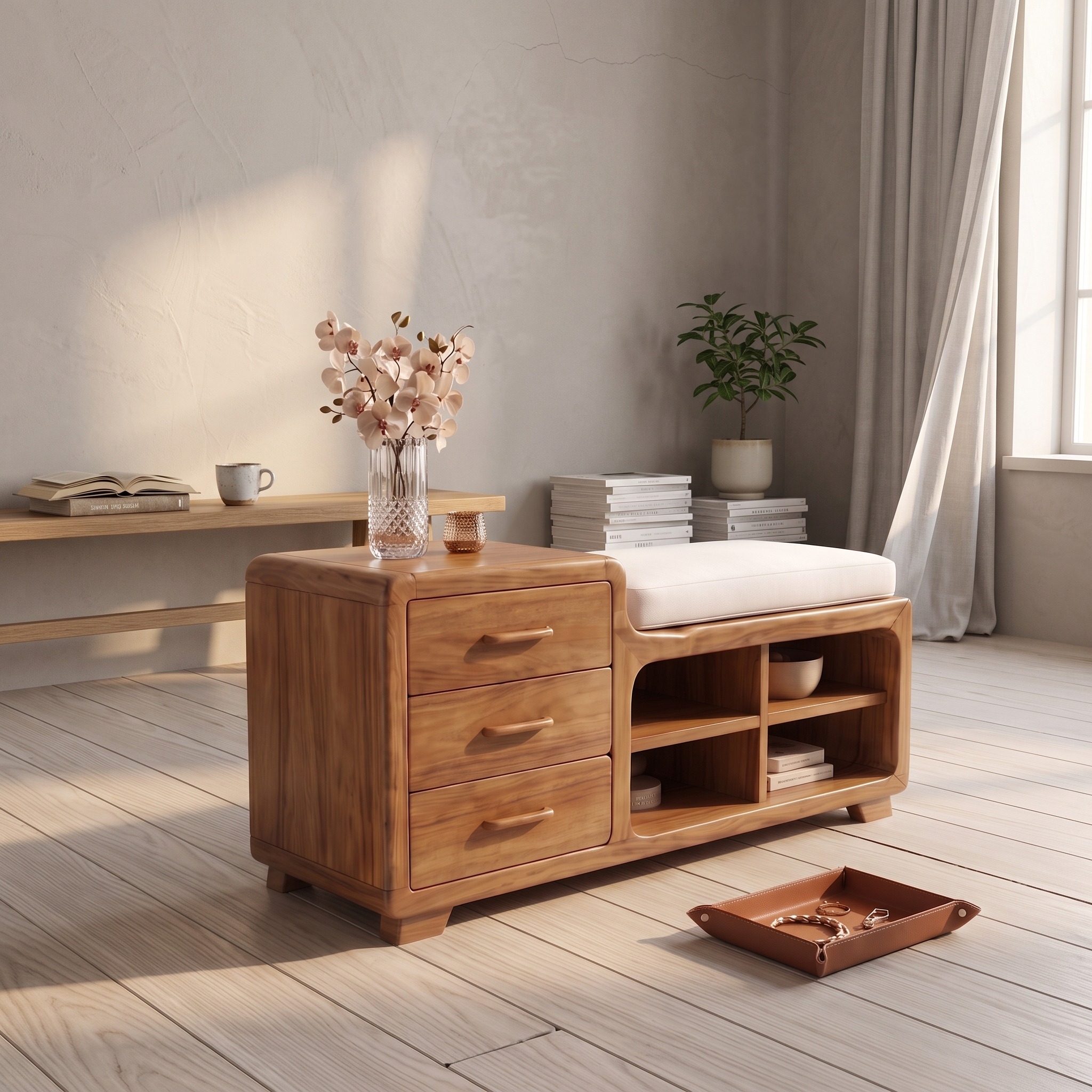 Modern Wooden Storage Bench Drawers Cushion for Bedroom Decor