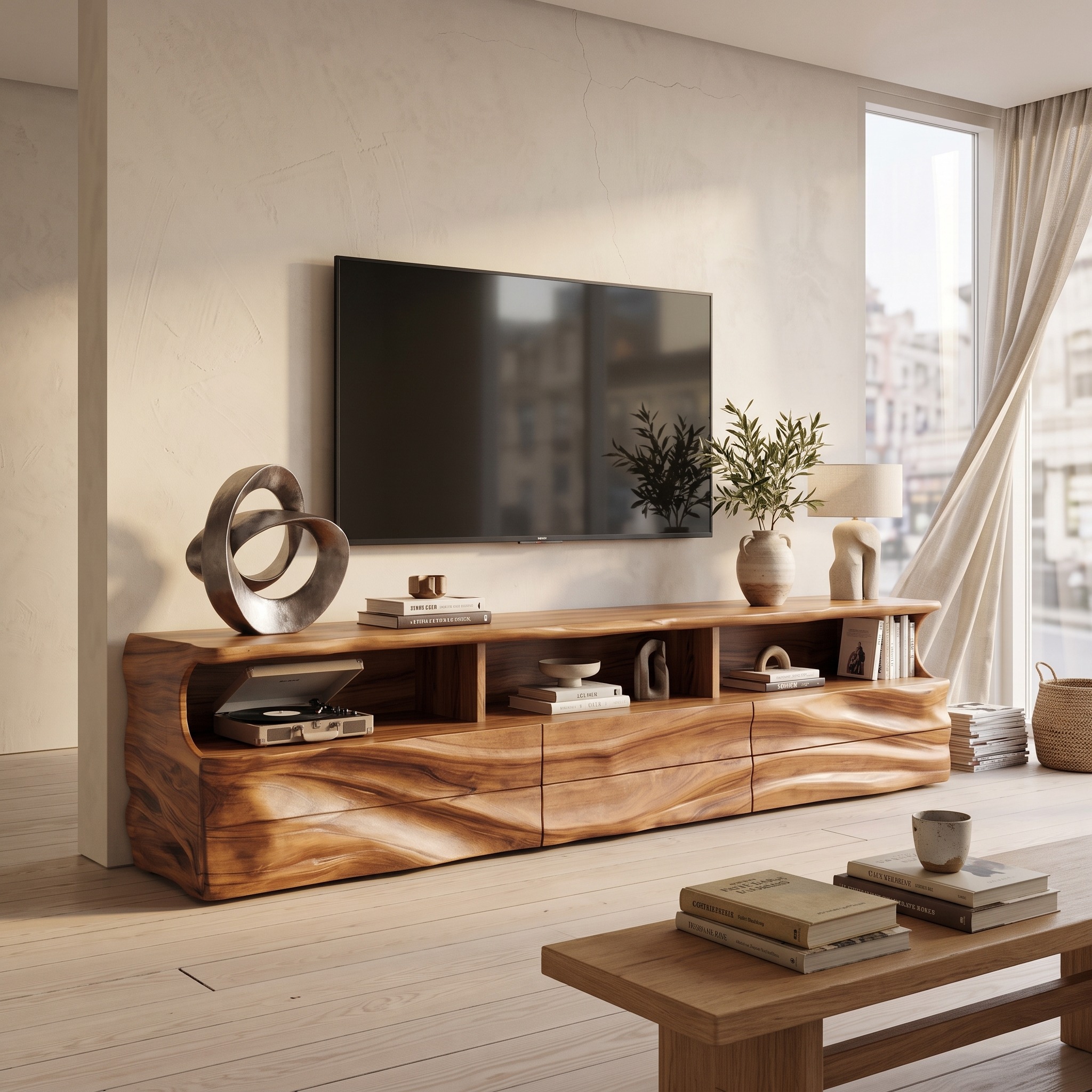 Modern Wooden TV Cabinet, Compact Media Console Credenza for Apartment Living Room Interior Furniture Space-Saving